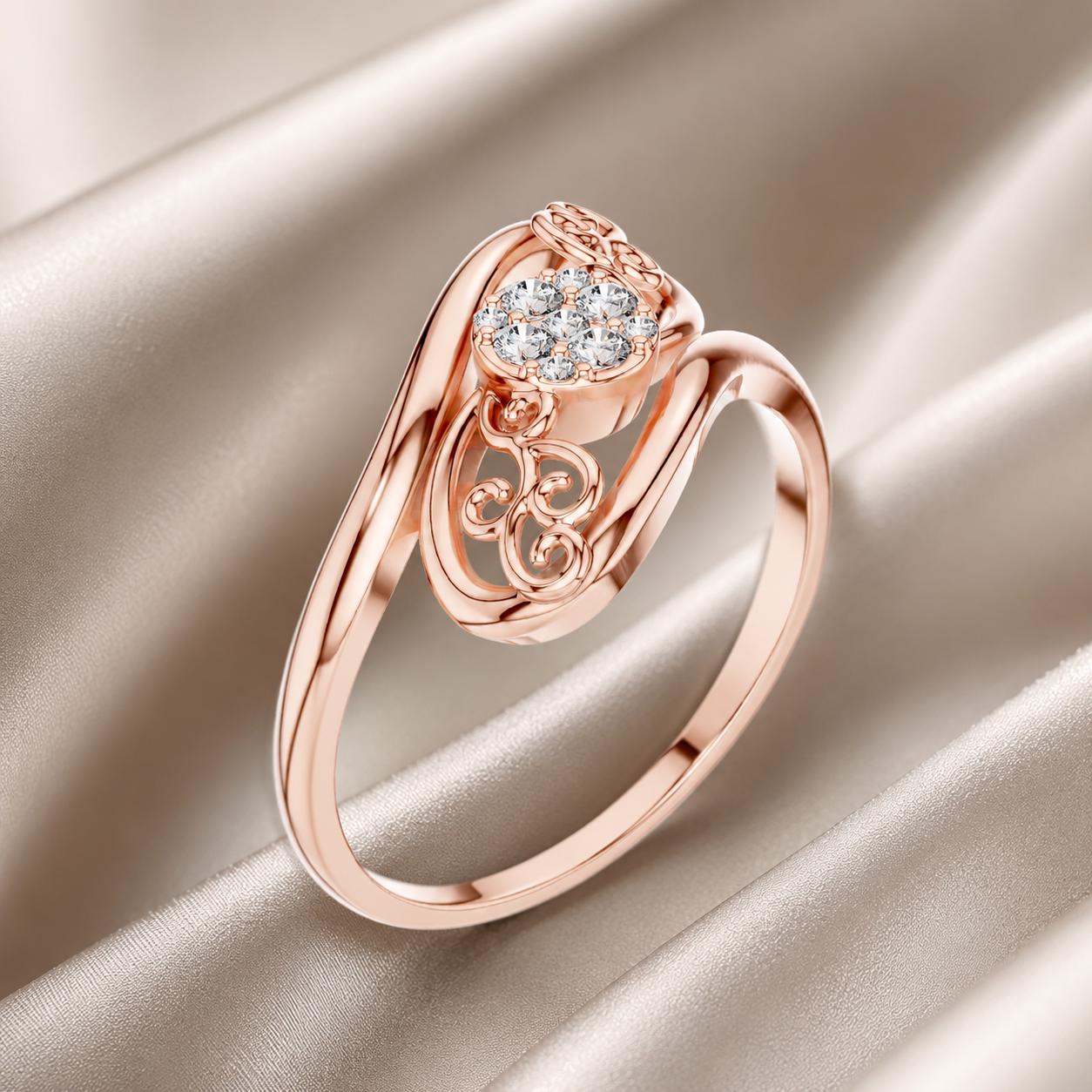 14K Solid Gold Moissanite Filigree Swirl Cluster Ring, Nature Inspired Jewelry