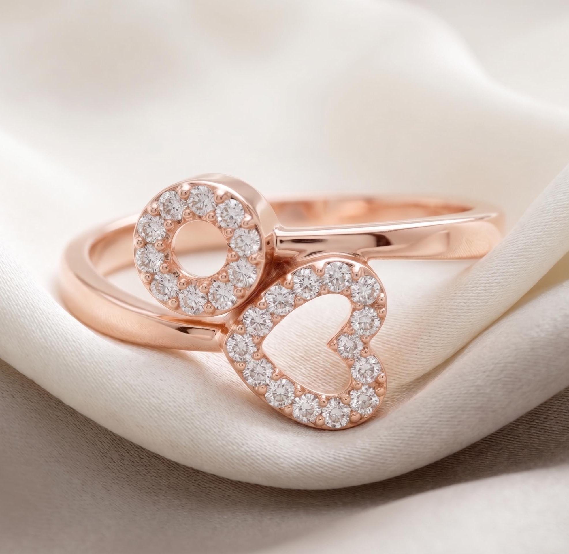 14K Solid Gold Heart Circle Moissanite Ring, Pave Cluster Wedding Band, Delicate Jewelry