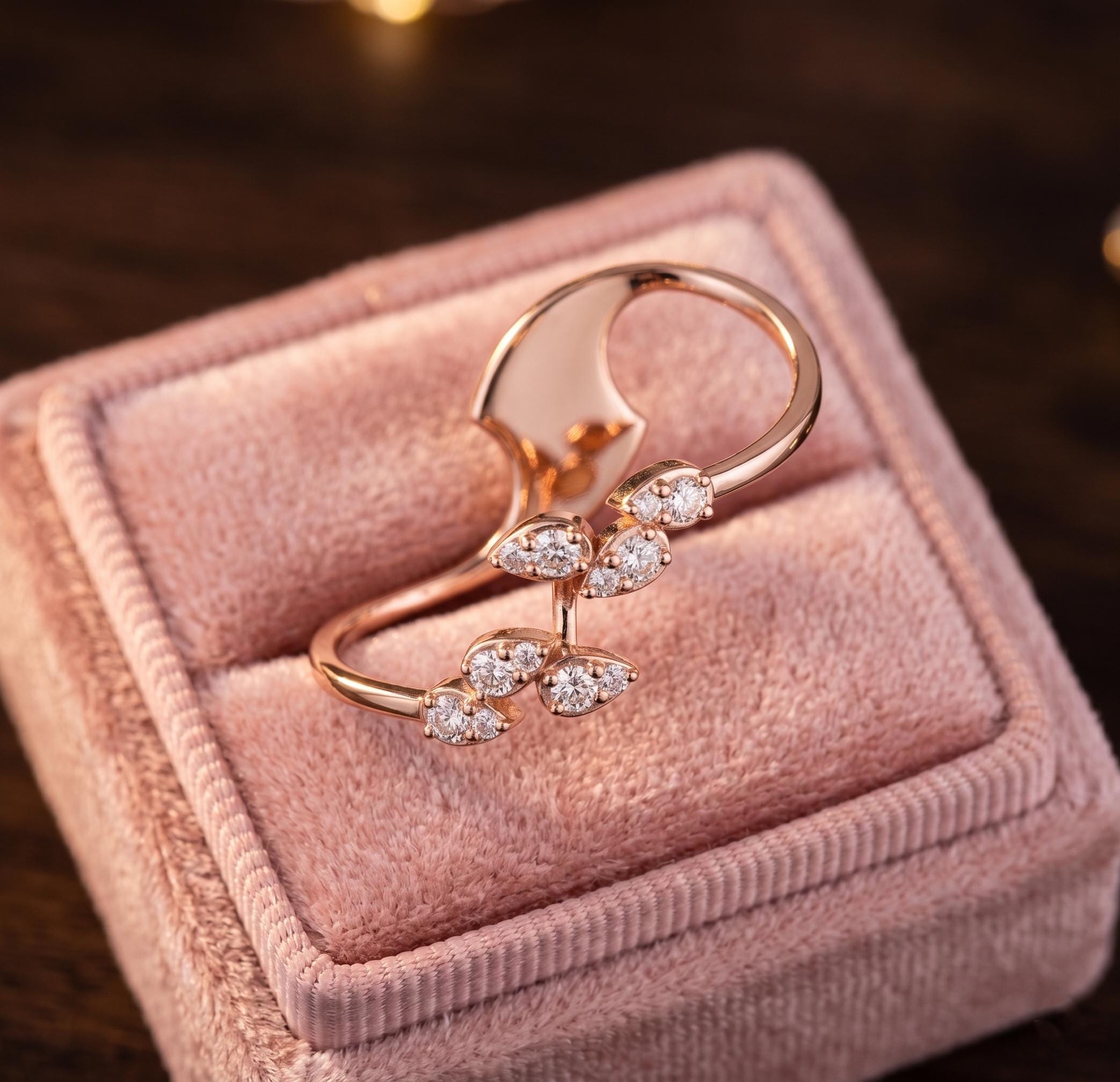 14K Solid Gold Twig Moissanite Ring, Leaf Cluster Statement Nature Inspired Vine Ring