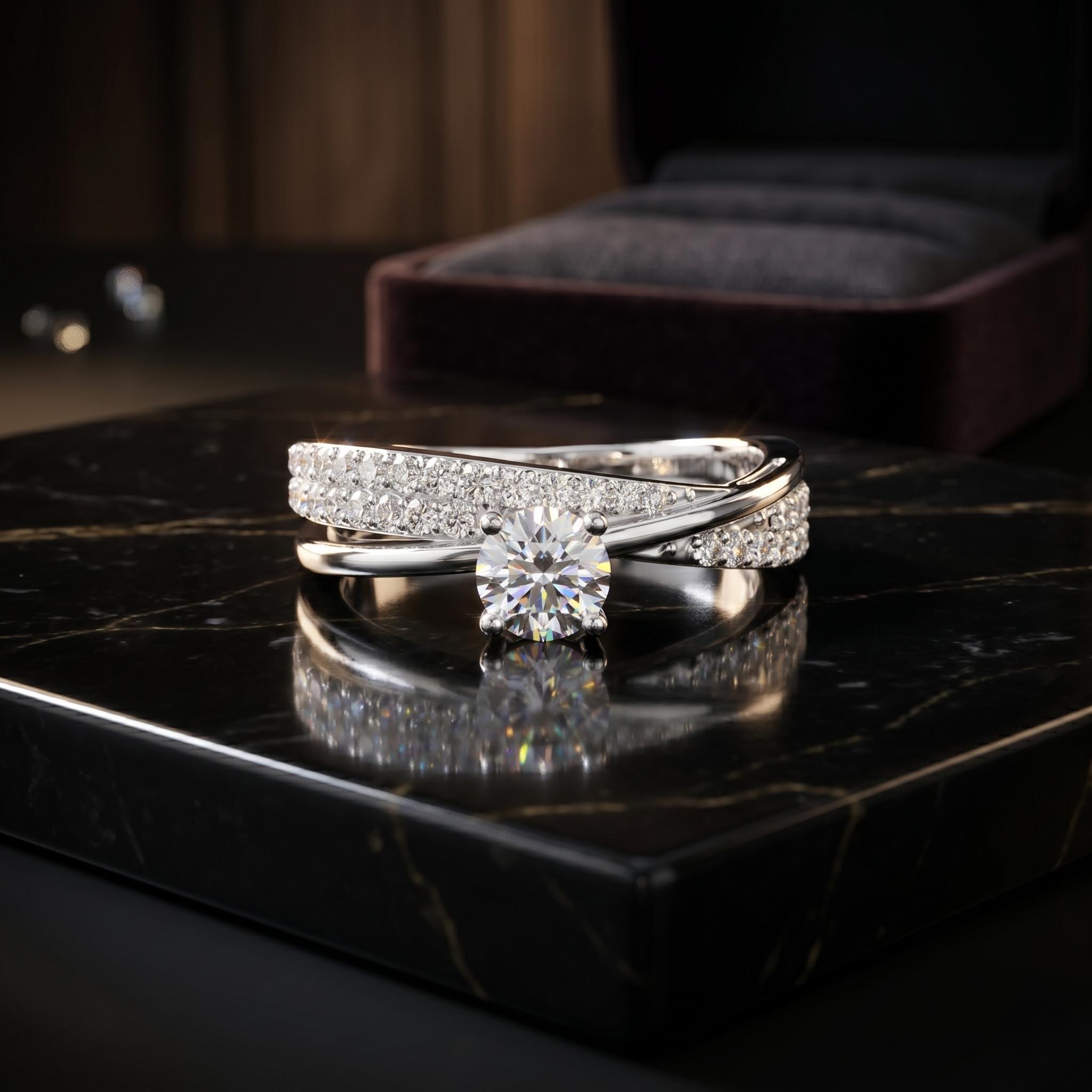 Crossover Moissanite Ring, 925 Sterling Silver, Round Cut, Anniversary Bridal Band