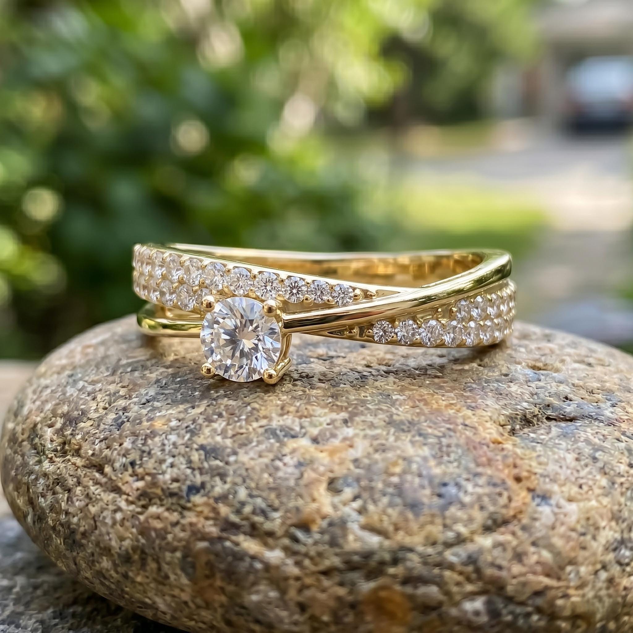 Crossover Moissanite Ring, 925 Sterling Silver, Round Cut, Anniversary Bridal Band