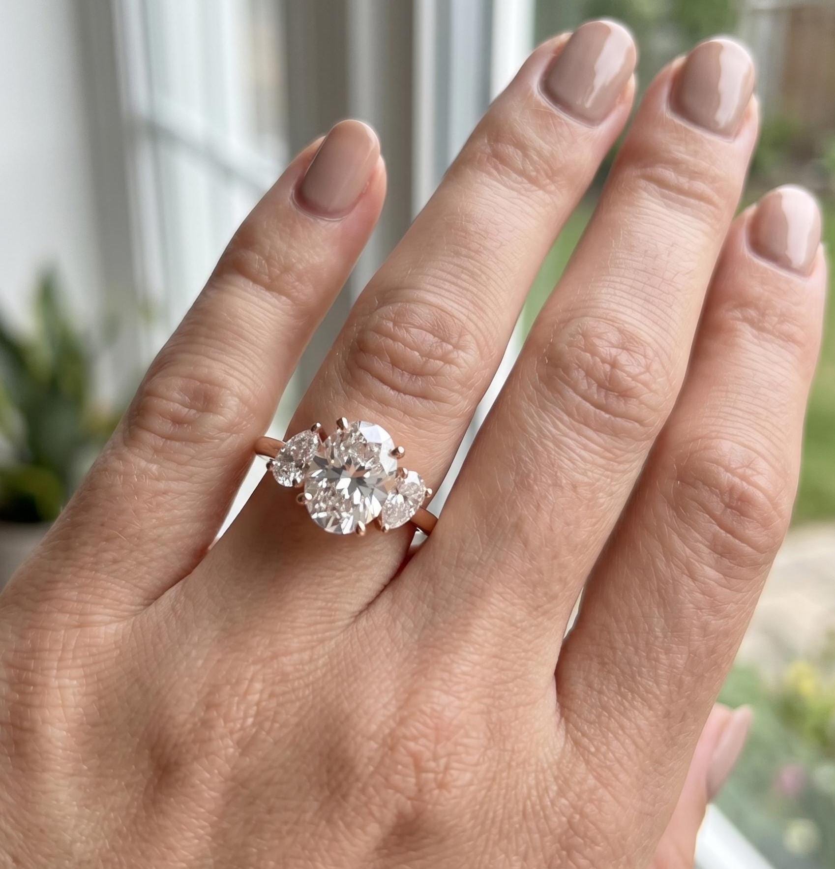 Oval Cut Moissanite Engagement Ring, 3 Stone Pear Side Stones, Sterling Silver, Art Deco