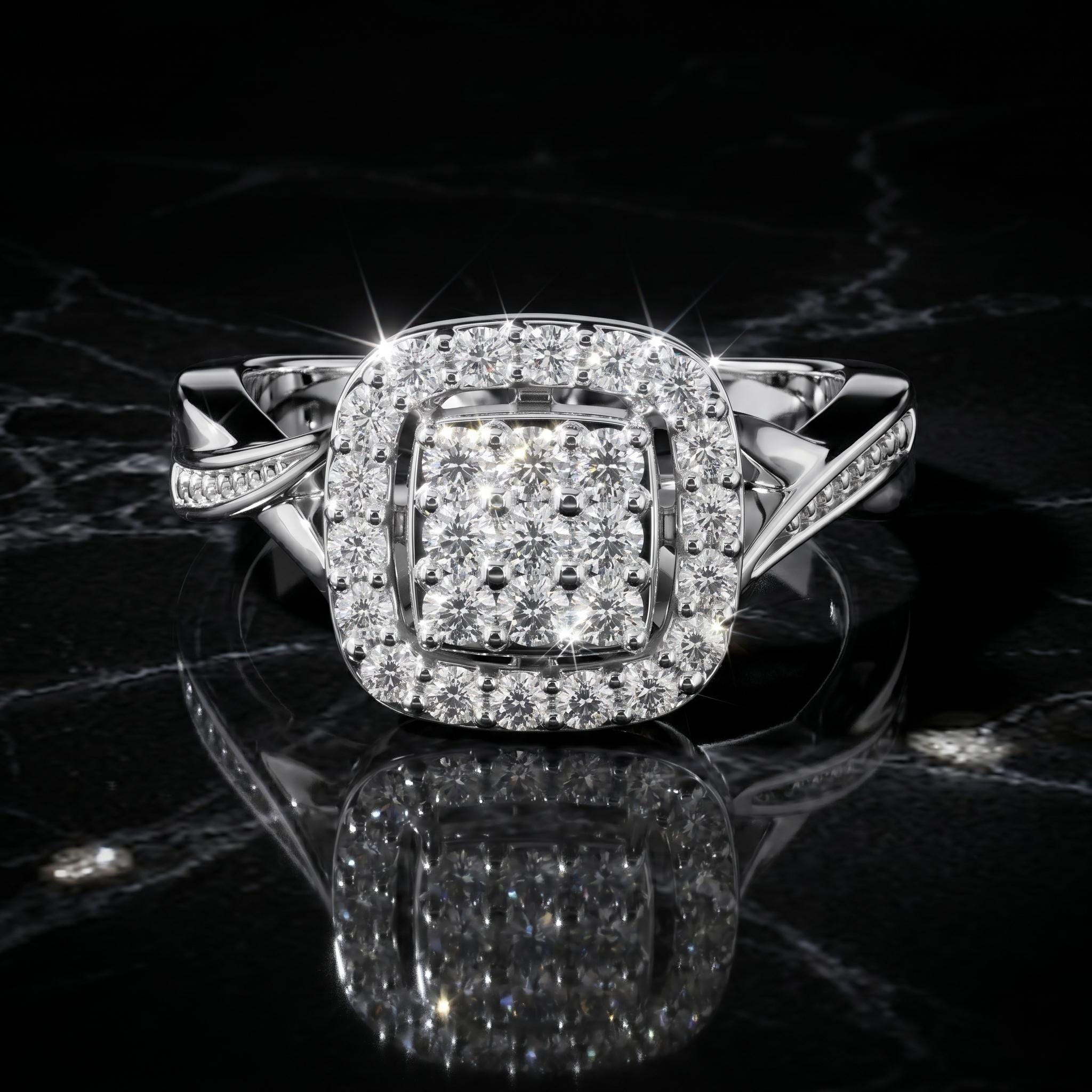 Moissanite Cushion Cluster Engagement Ring, Sterling Silver Twisted Band Bridal Wedding Anniversary