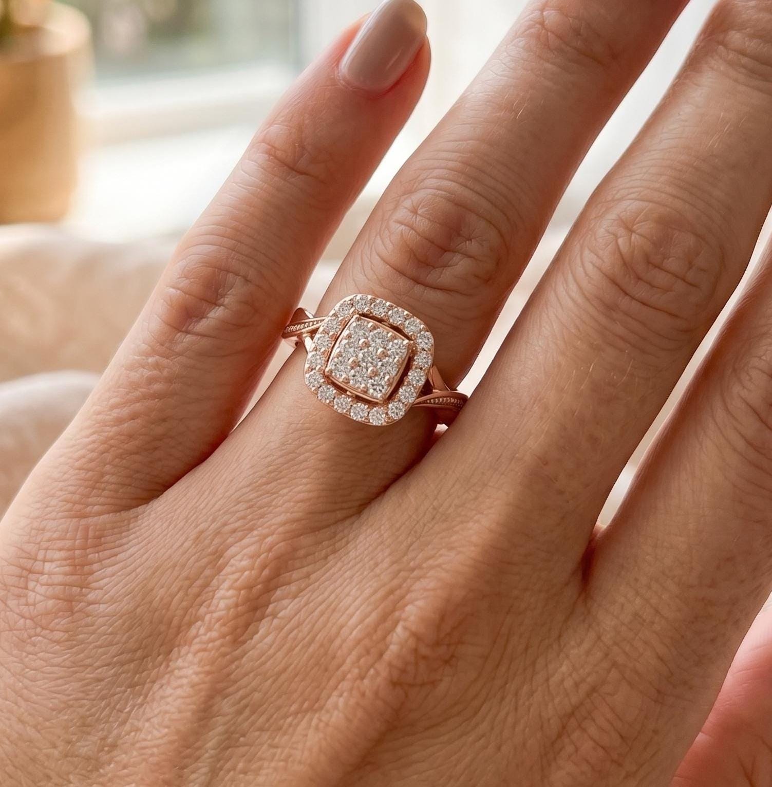 Moissanite Cushion Cluster Engagement Ring, Sterling Silver Twisted Band Bridal Wedding Anniversary