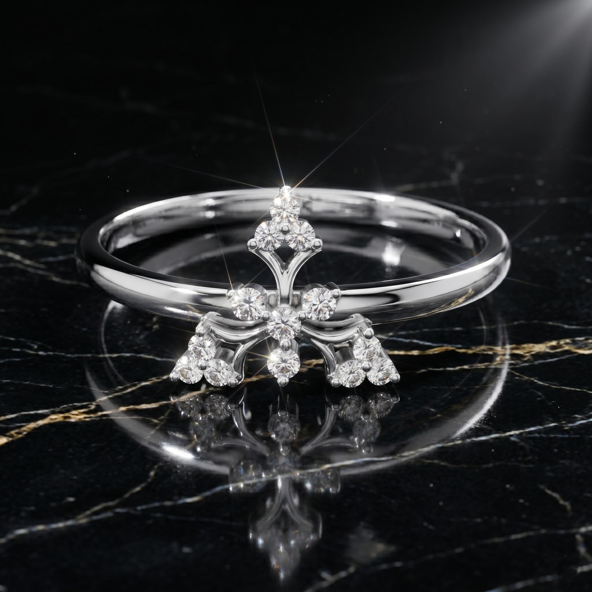 Dainty Snowflake Crown Moissanite Ring, 14K Solid Gold, Vintage Floral Nature Stacking Band