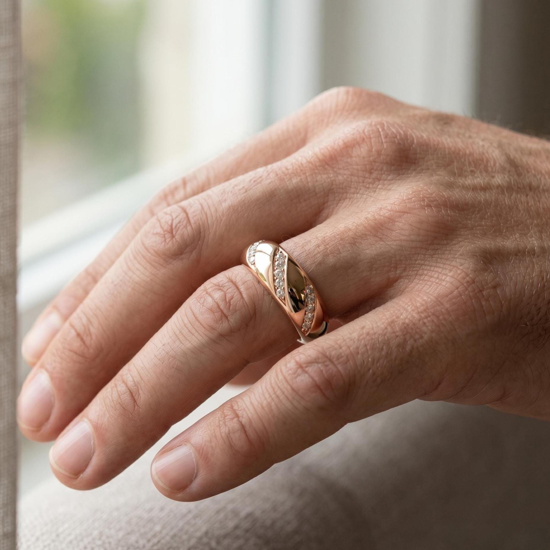 Men's Moissanite Wedding Band, 925 Sterling Silver Rose Gold Finish, Round Cut Ring