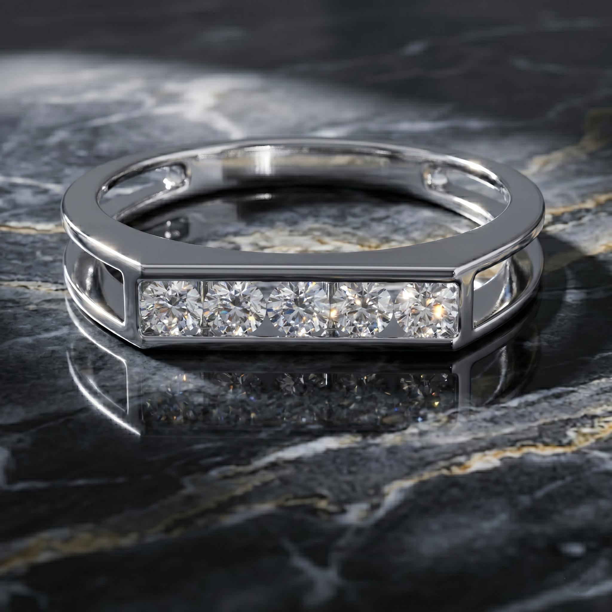 Men's Moissanite Wedding Band, Sterling Silver Five Stone Ring, Rose Gold Finish