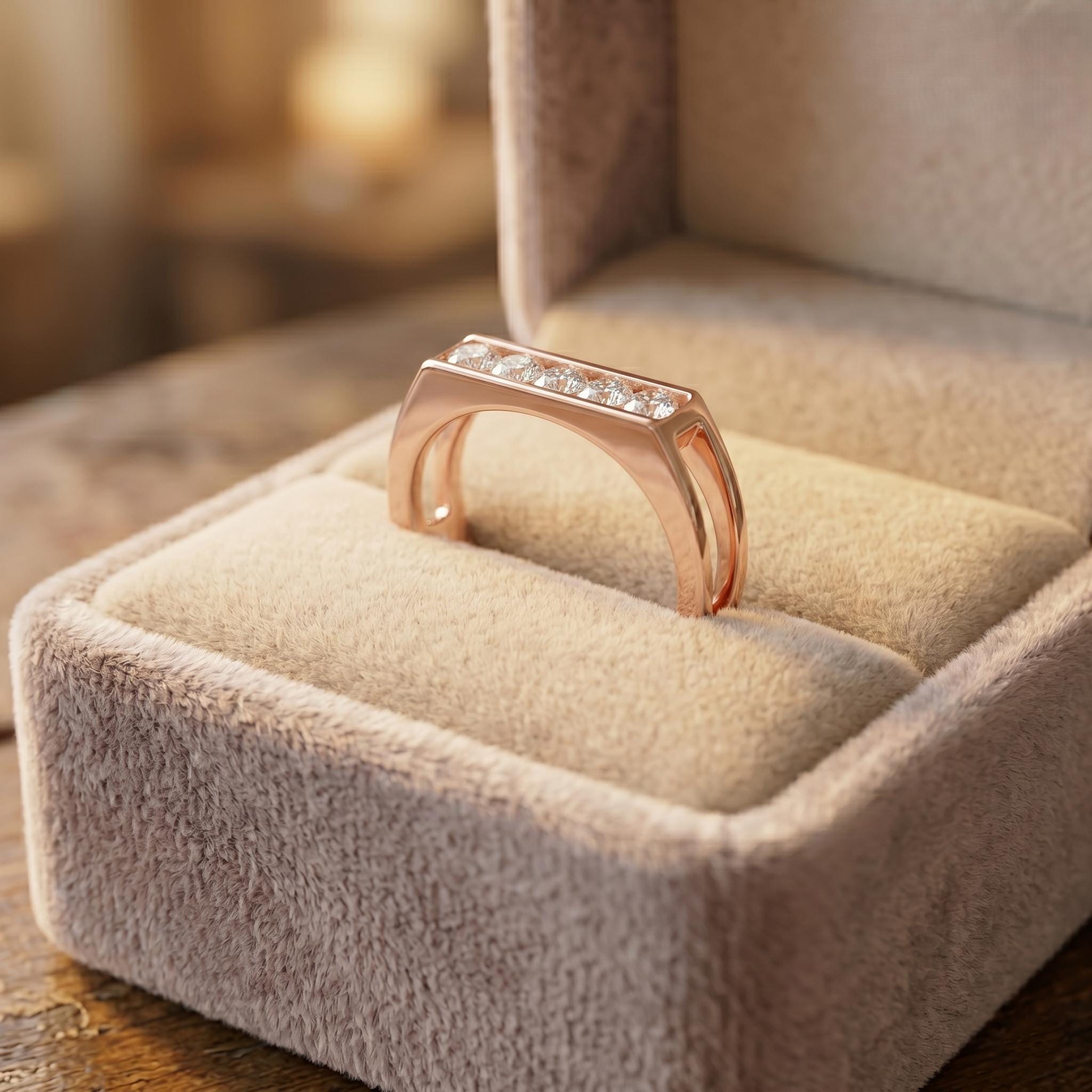 Men's Moissanite Wedding Band, Sterling Silver Five Stone Ring, Rose Gold Finish