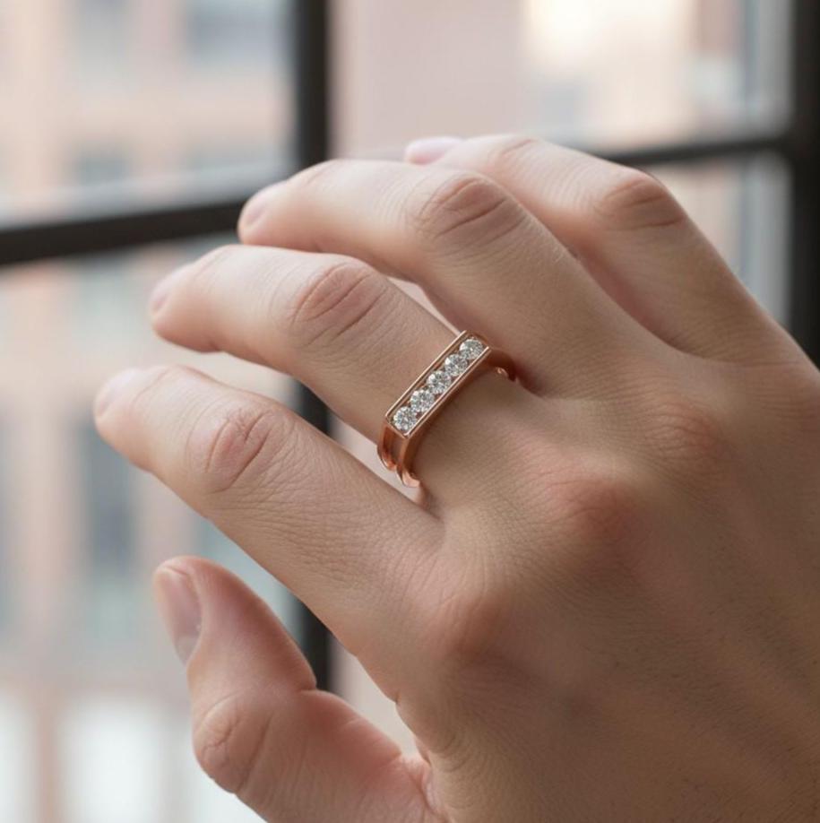 Men's Moissanite Wedding Band, Sterling Silver Five Stone Ring, Rose Gold Finish