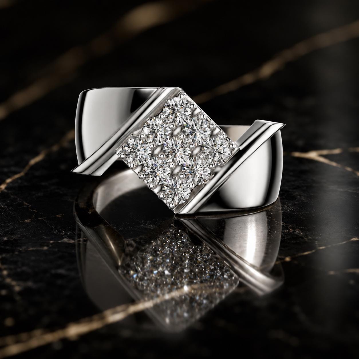 Men's Square Moissanite Ring, Rose Gold Plated Sterling Silver, Round Cut Cluster Ring