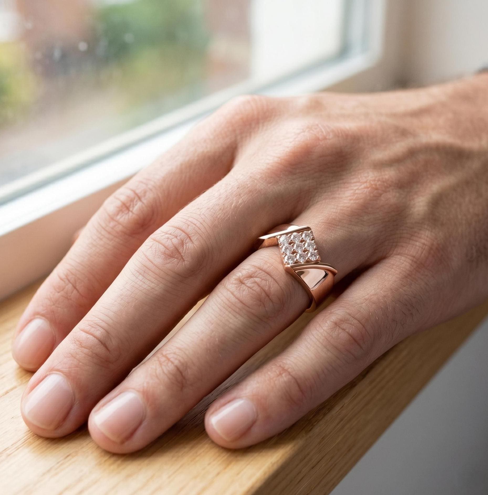 Men's Square Moissanite Ring, Rose Gold Plated Sterling Silver, Round Cut Cluster Ring