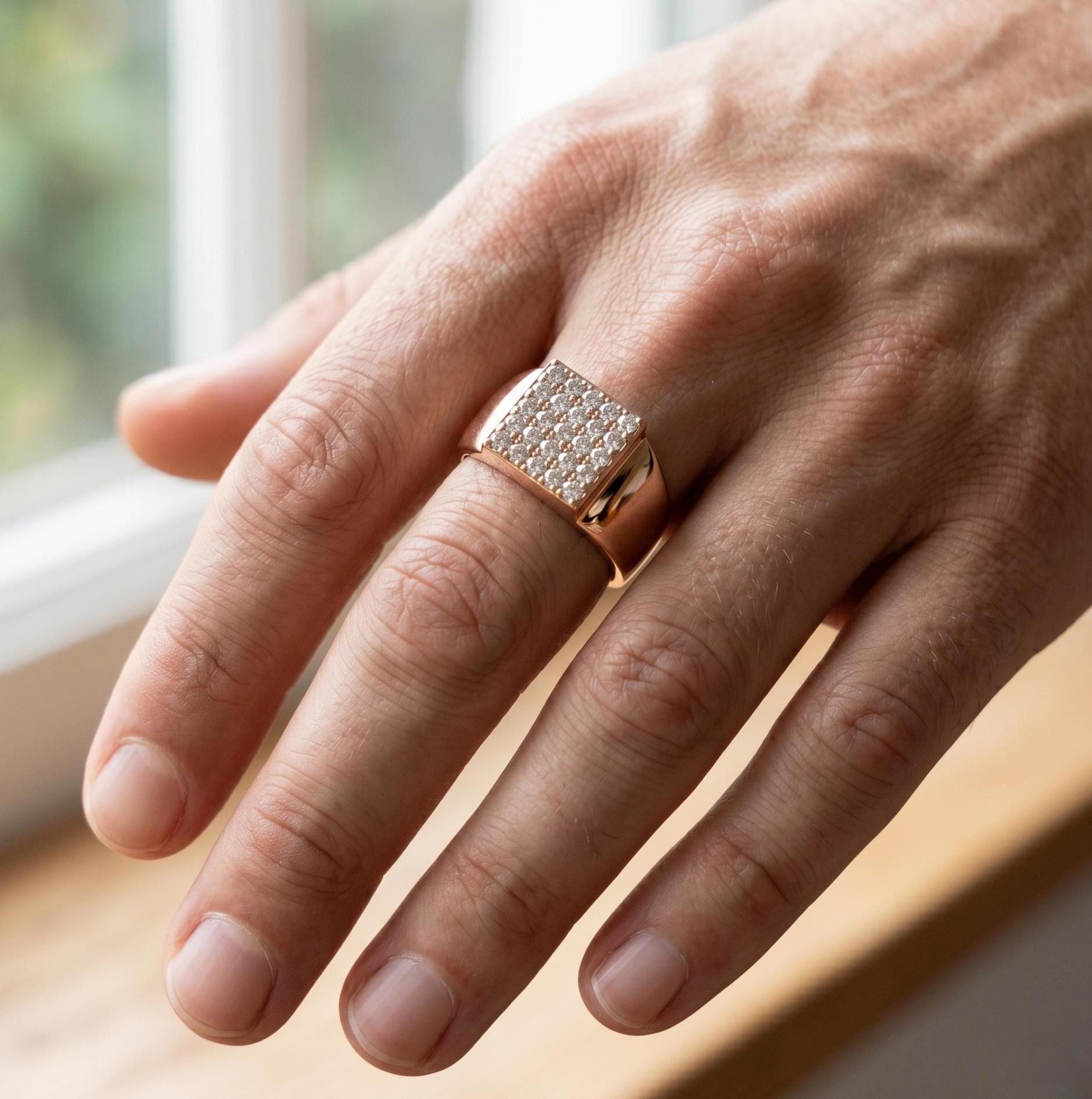 Men's Moissanite Signet Ring, Rose Gold Vermeil Sterling Silver Cluster Engagement Promise Ring, Luxury Groom Jewelry
