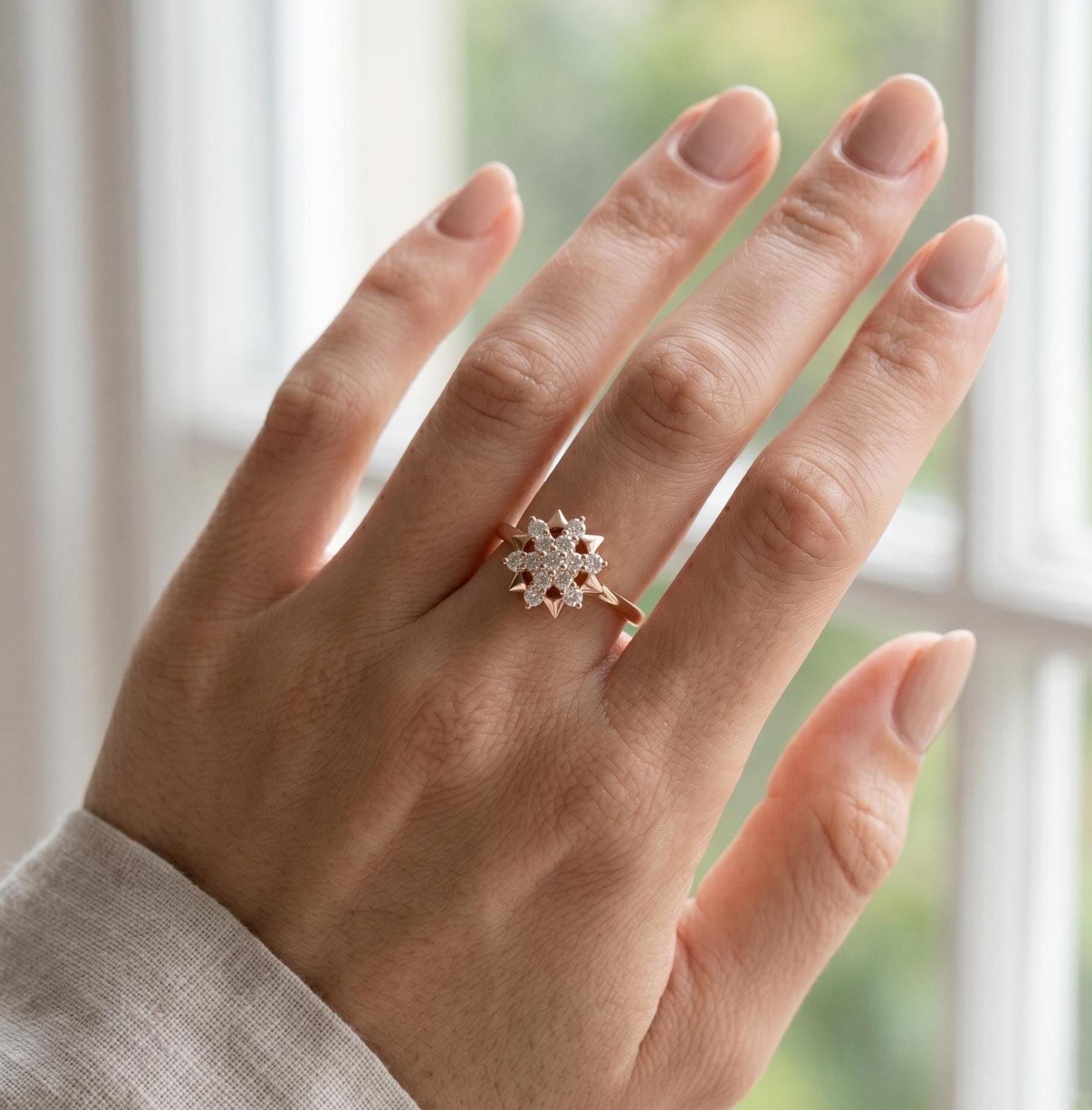 14K Solid Gold Snowflake Moissanite Ring, Floral Starburst Anniversary Promise Ring
