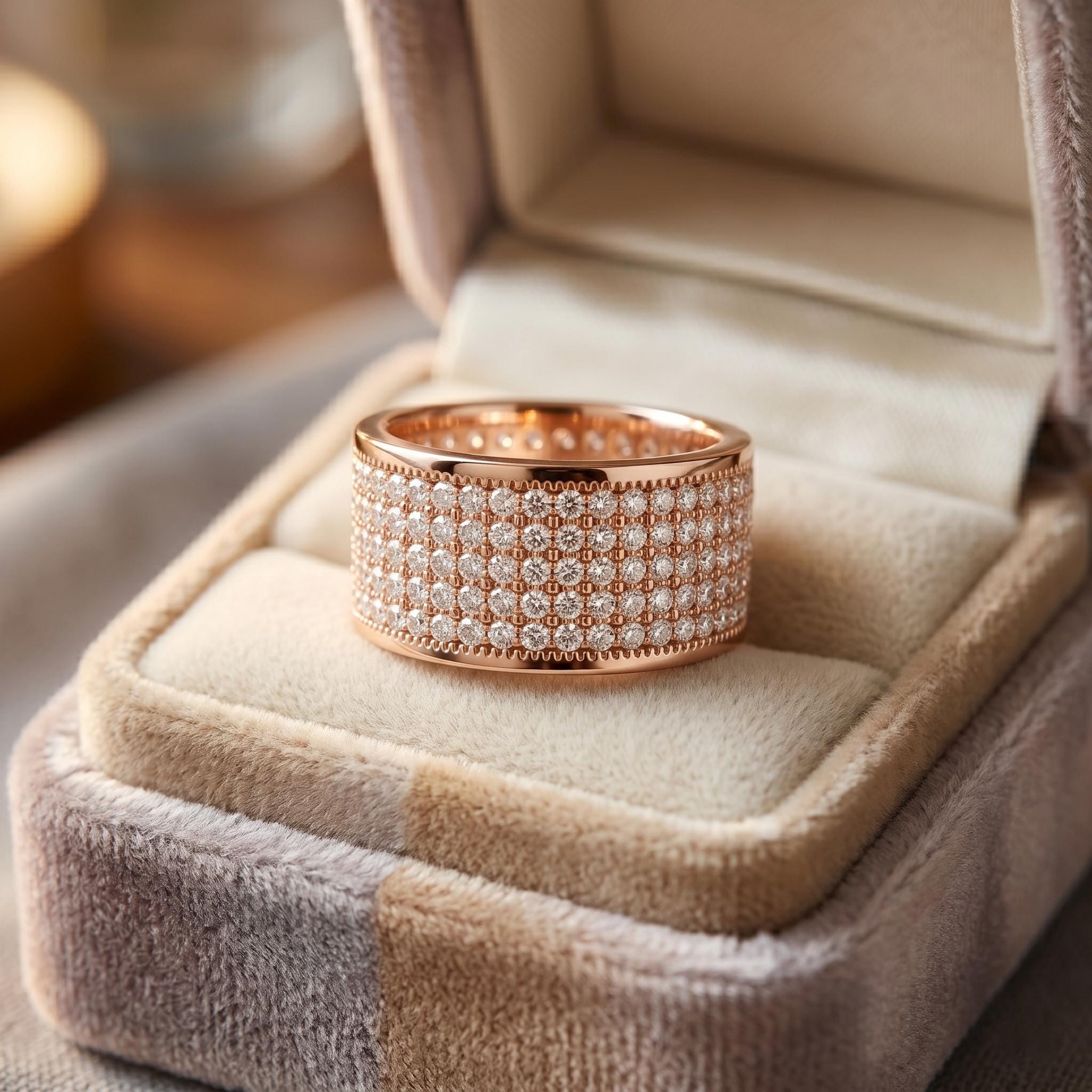 Five Row Pave Moissanite Men’s Wedding Ring, Sterling Silver Statement Ring
