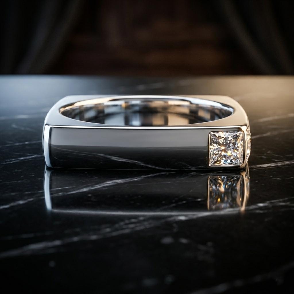 Men's Geometric Moissanite Ring, Princess Cut Sterling Silver Band, Modern Wedding Jewelry