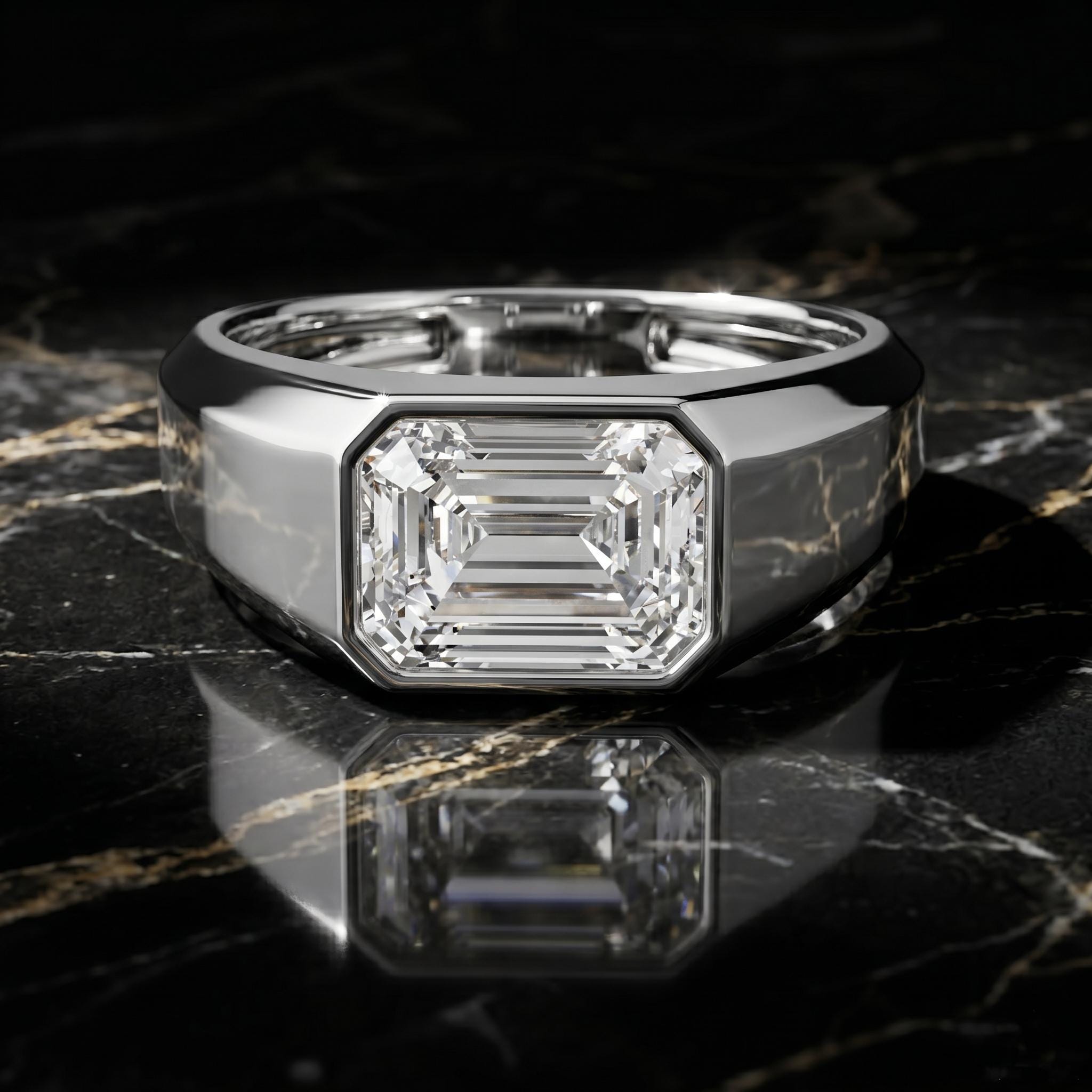 Emerald Cut Moissanite Men's Signet Ring, 925 Sterling Silver Rose Gold Statement Anniversary Gift