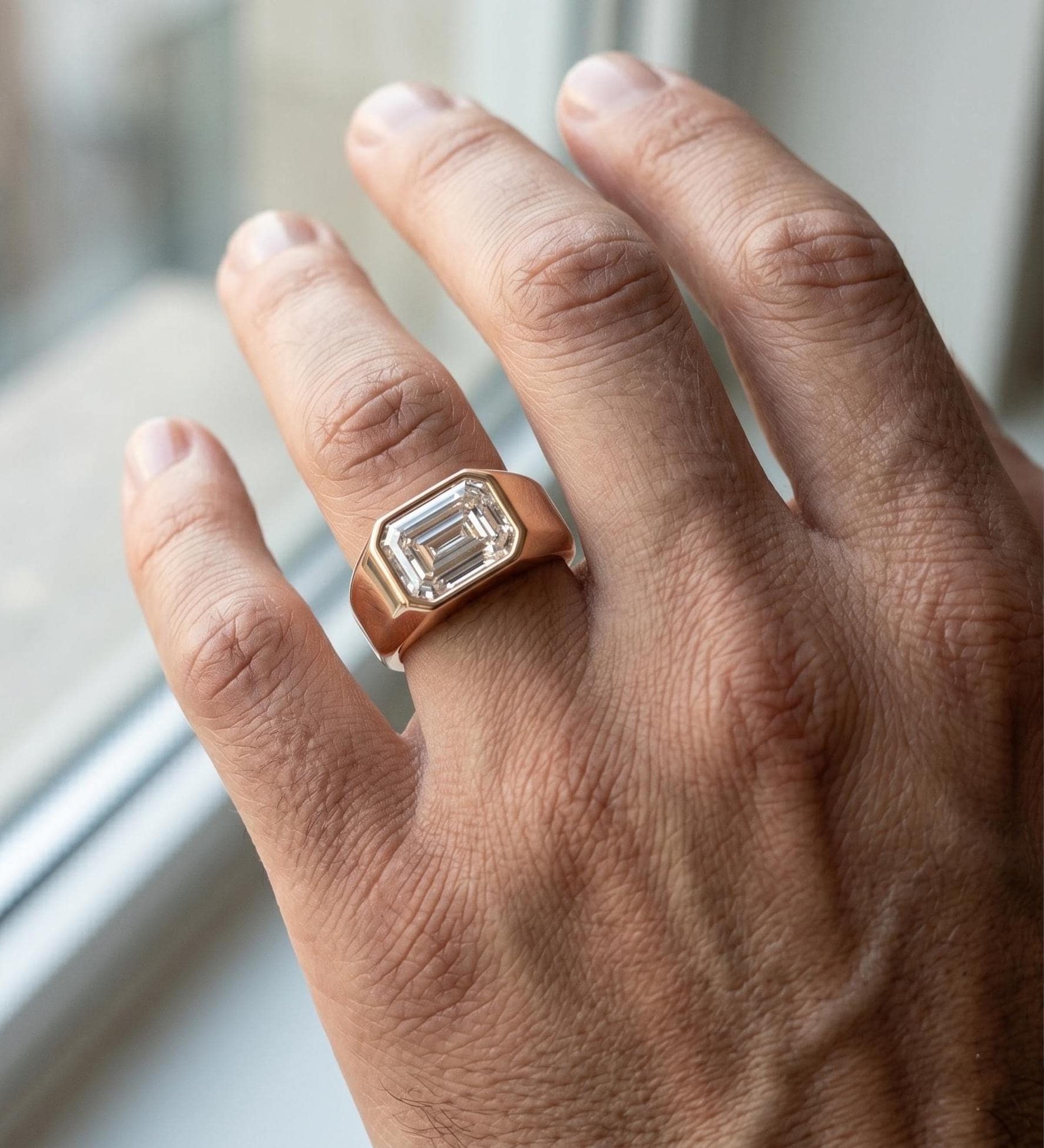 Emerald Cut Moissanite Men's Signet Ring, 925 Sterling Silver Rose Gold Statement Anniversary Gift