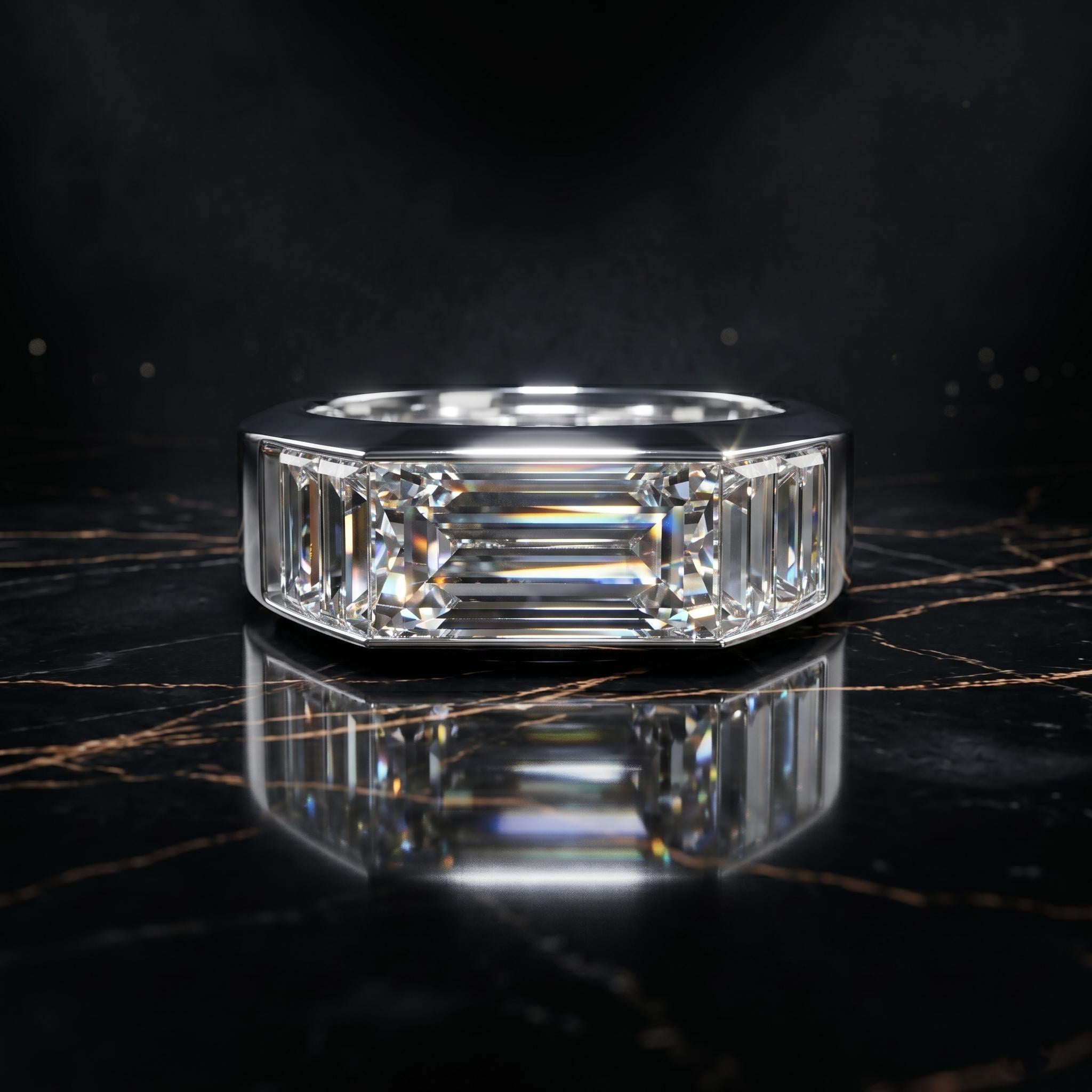 Sterling Silver Emerald Cut Moissanite Men's Ring, Dainty Statement Minimalist Baguette Wedding Band