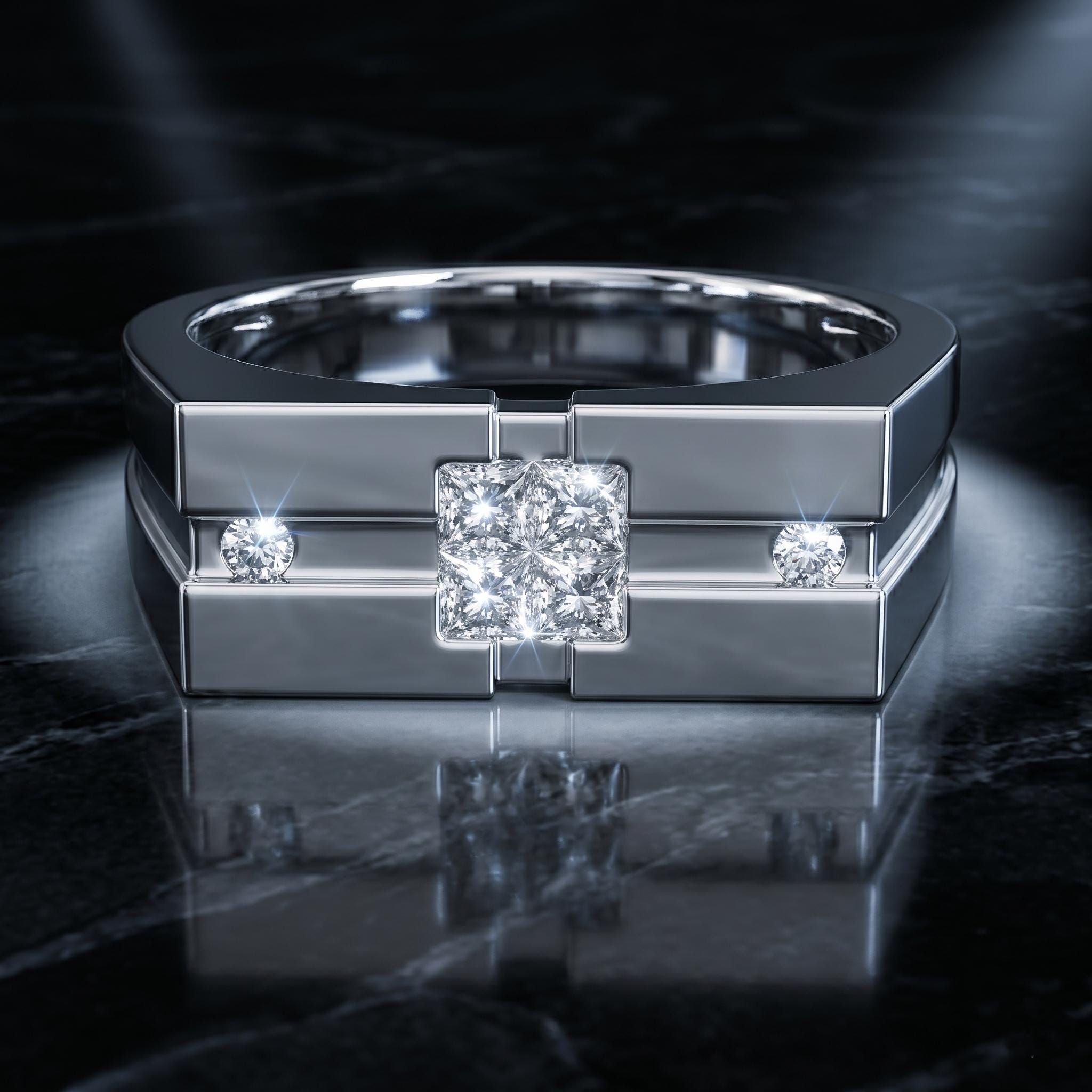 Men's Sterling Silver Princess Cut Moissanite Ring, Minimalist Signet Wedding Band