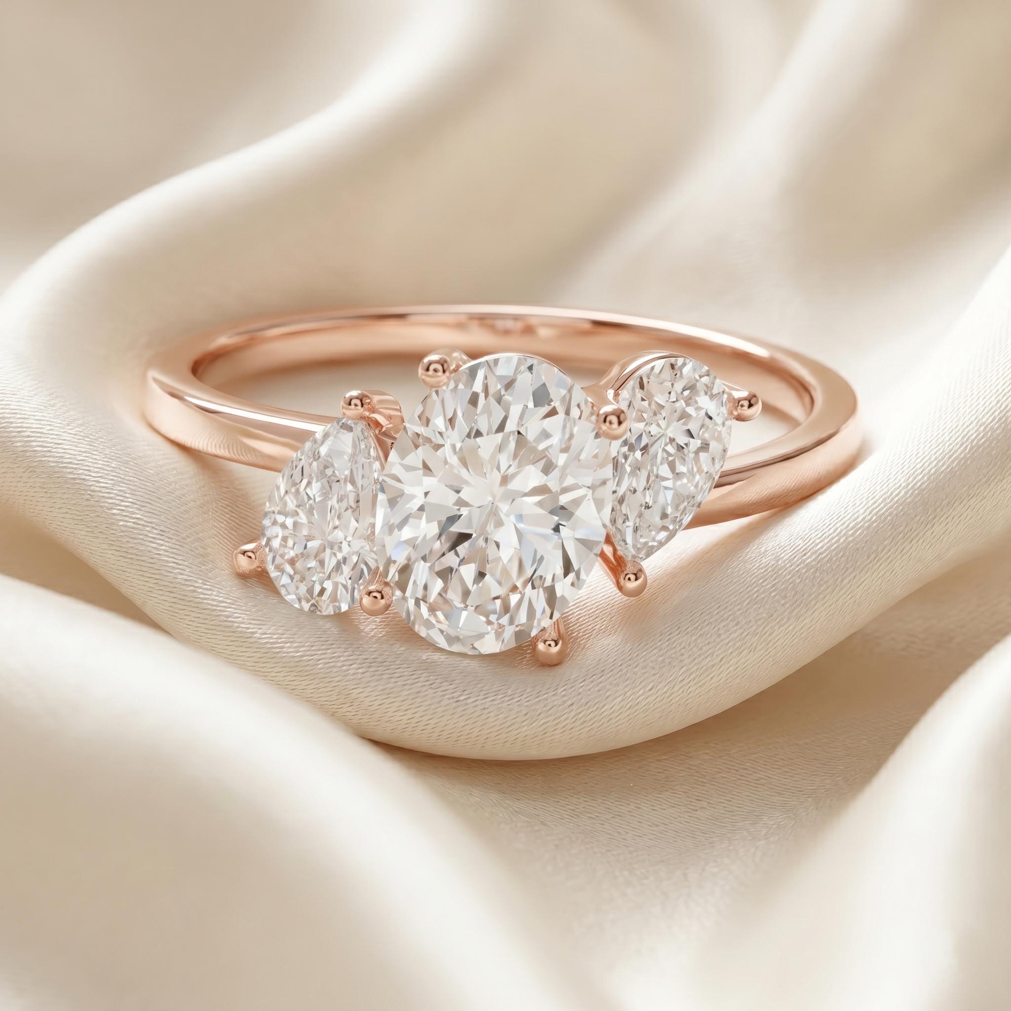 Oval Cut Moissanite Engagement Ring, 3 Stone Pear Side Stones, Sterling Silver, Art Deco