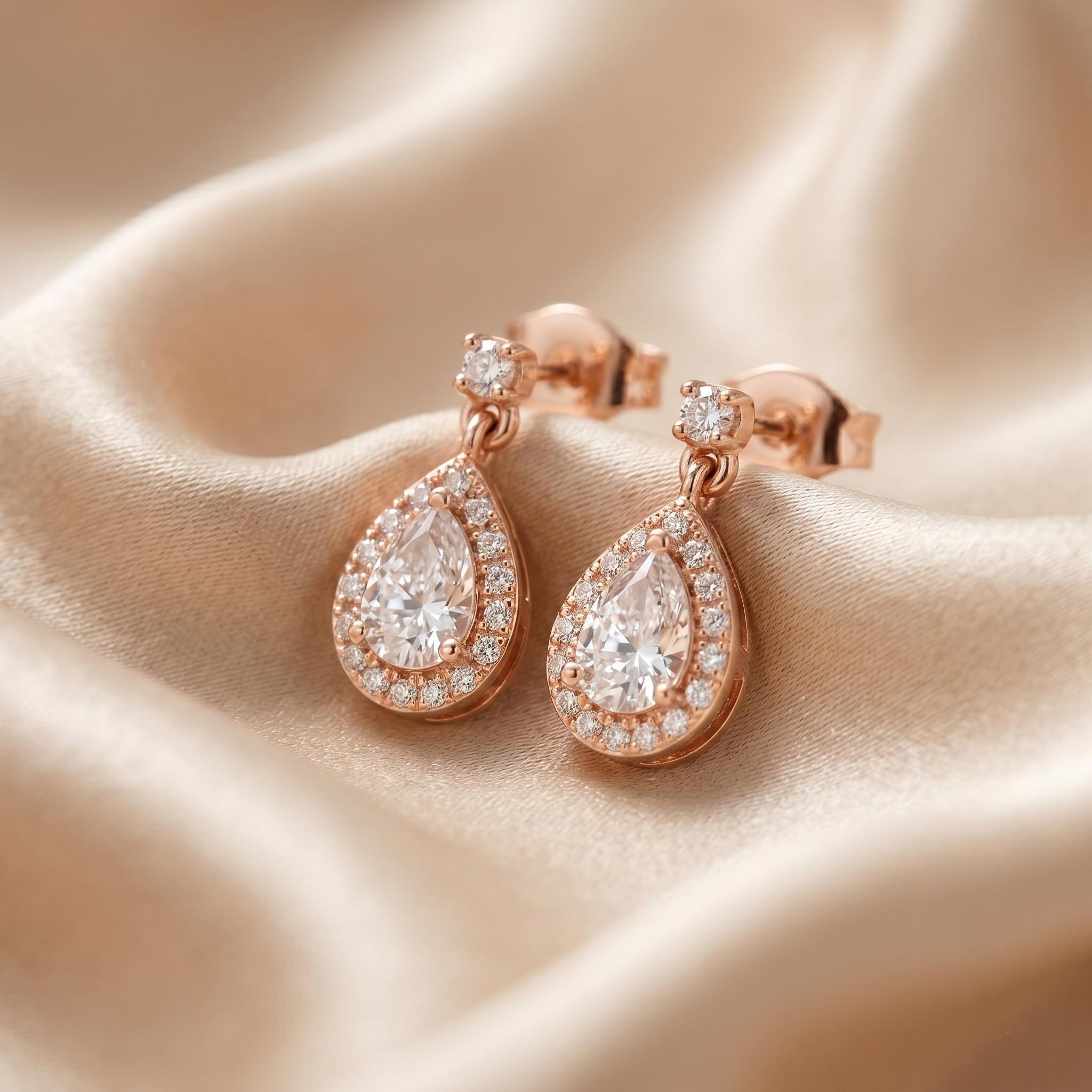 Pear Moissanite Drop Earrings, Rose Gold 925 Sterling Silver Halo Dangle Bridal Jewelry