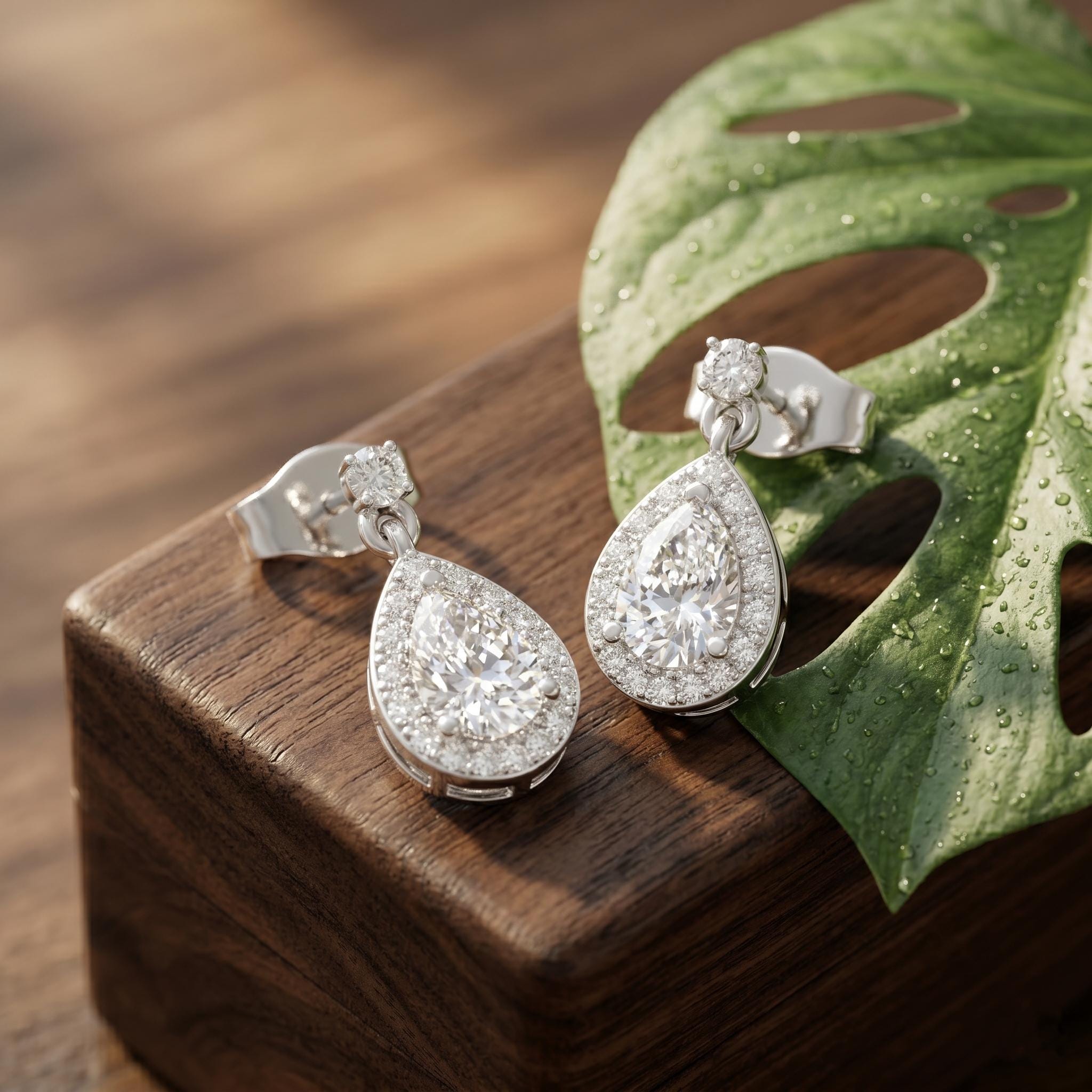Pear Moissanite Drop Earrings, Rose Gold 925 Sterling Silver Halo Dangle Bridal Jewelry