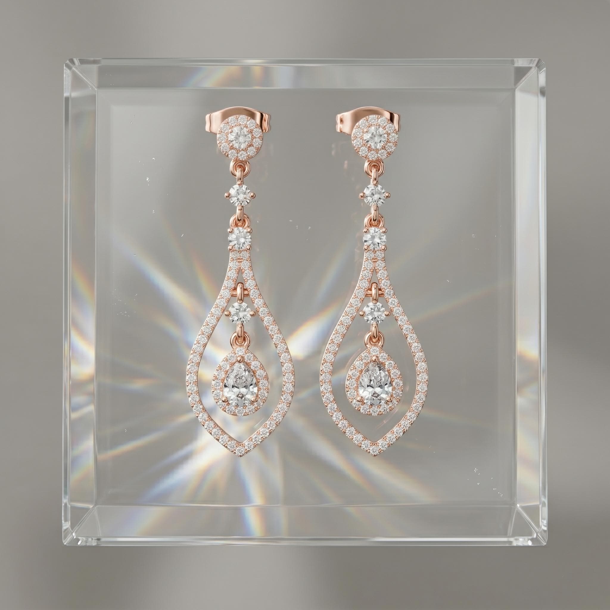 Moissanite Tear Drop Dangle Earrings, 925 Sterling Silver Rose Gold Halo Chandelier