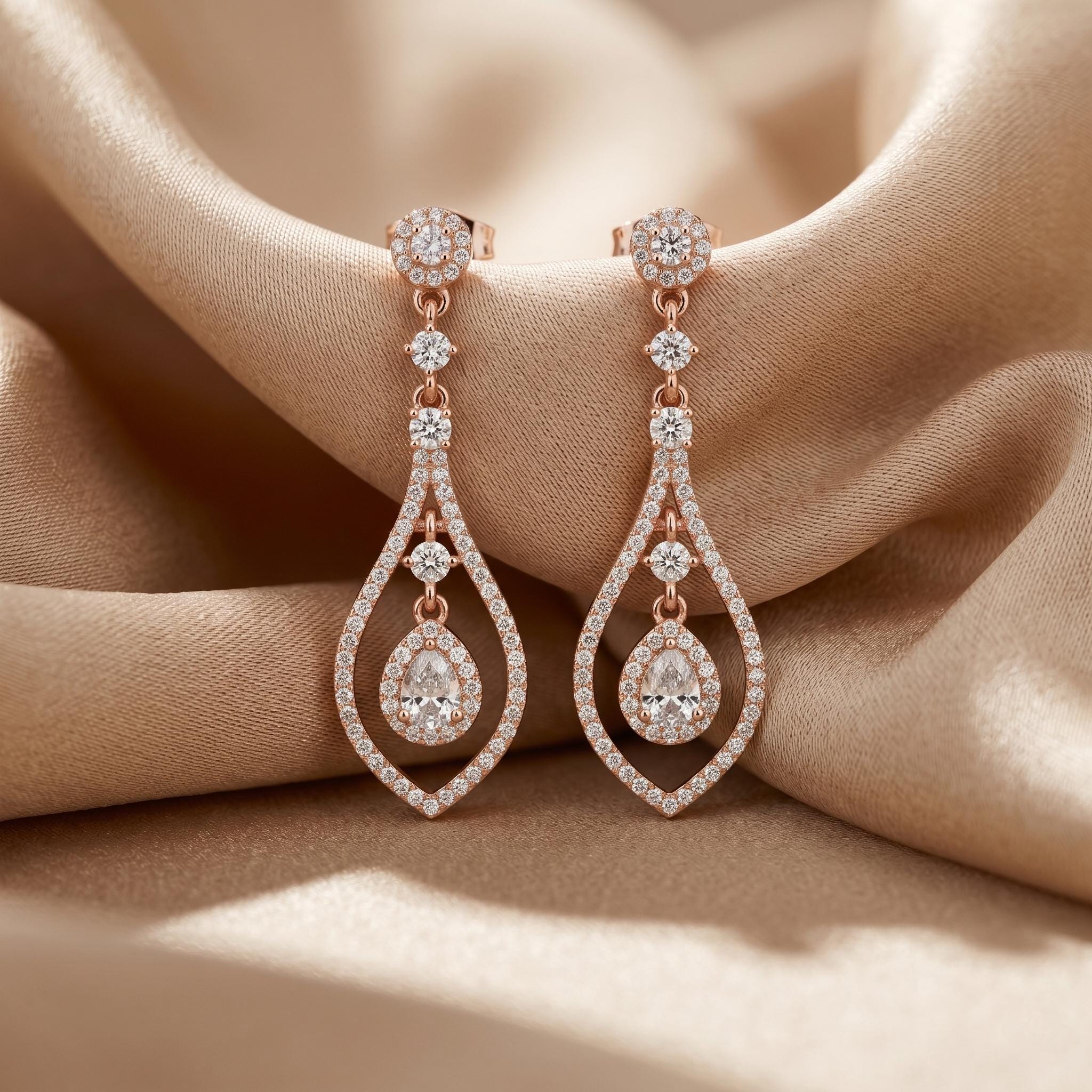 Moissanite Tear Drop Dangle Earrings, 925 Sterling Silver Rose Gold Halo Chandelier