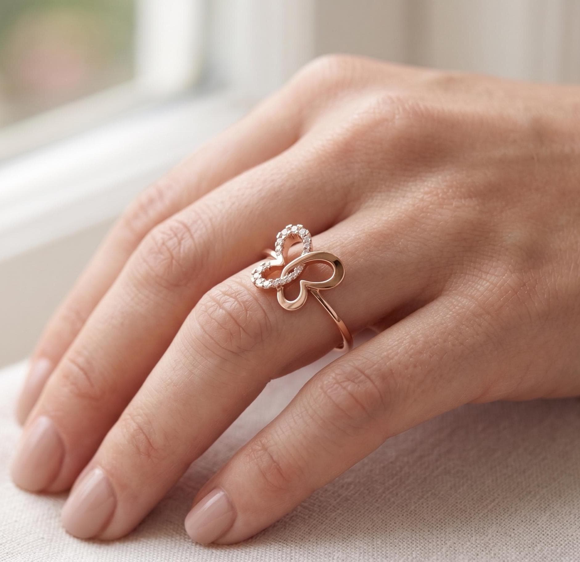 Solid 14k Rose Gold Butterfly Ring, Genuine Moissanite Statement Jewelry