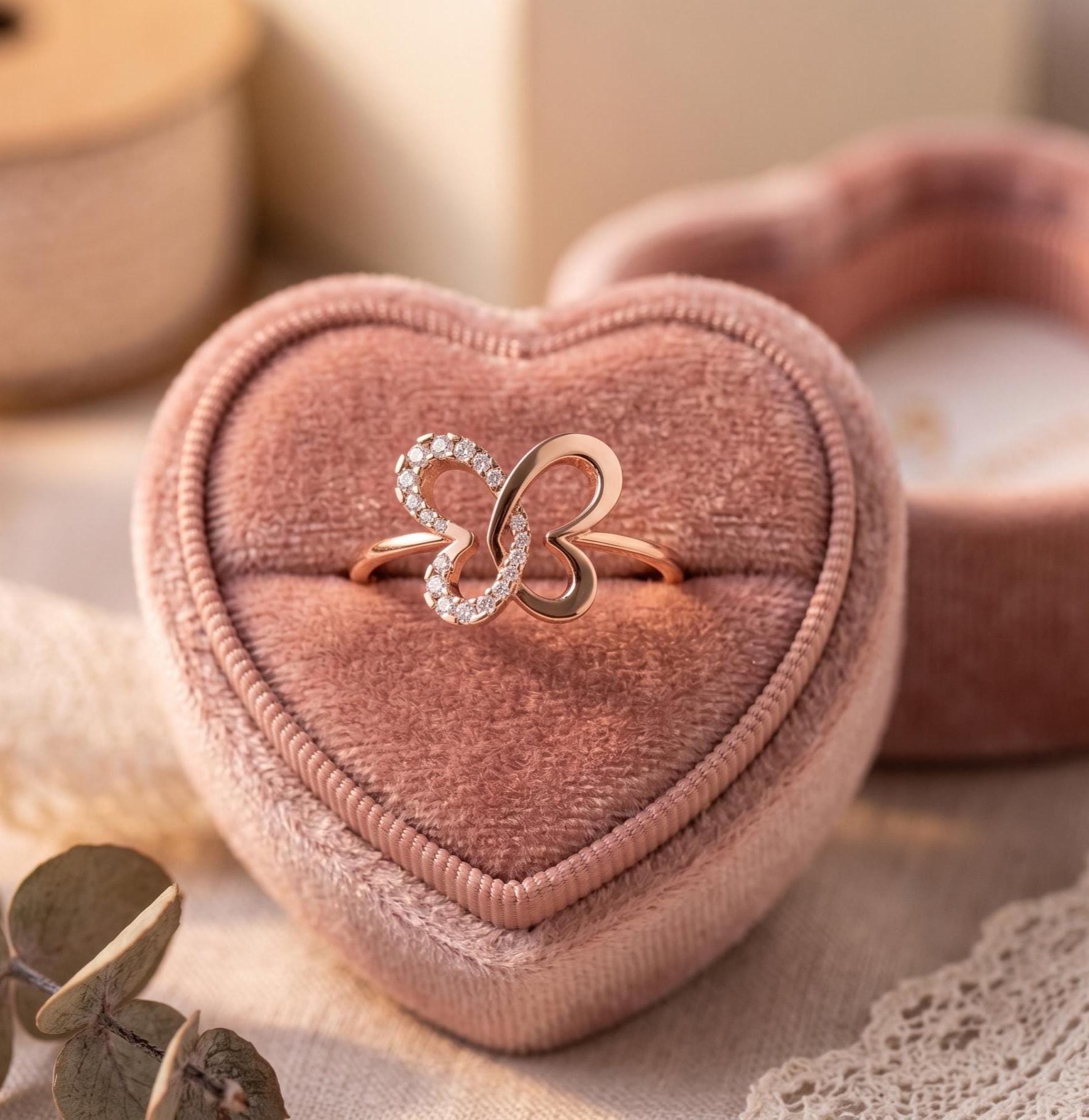 Solid 14k Rose Gold Butterfly Ring, Genuine Moissanite Statement Jewelry