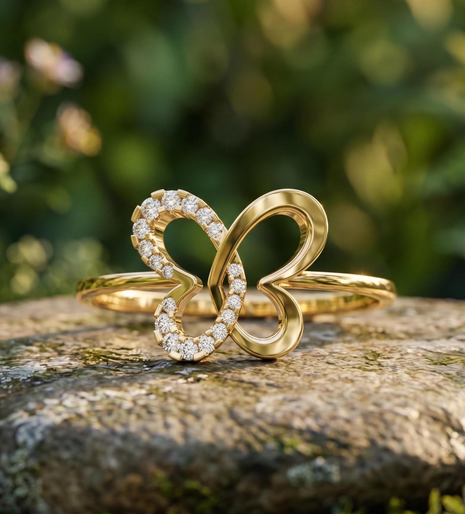 Solid 14k Rose Gold Butterfly Ring, Genuine Moissanite Statement Jewelry