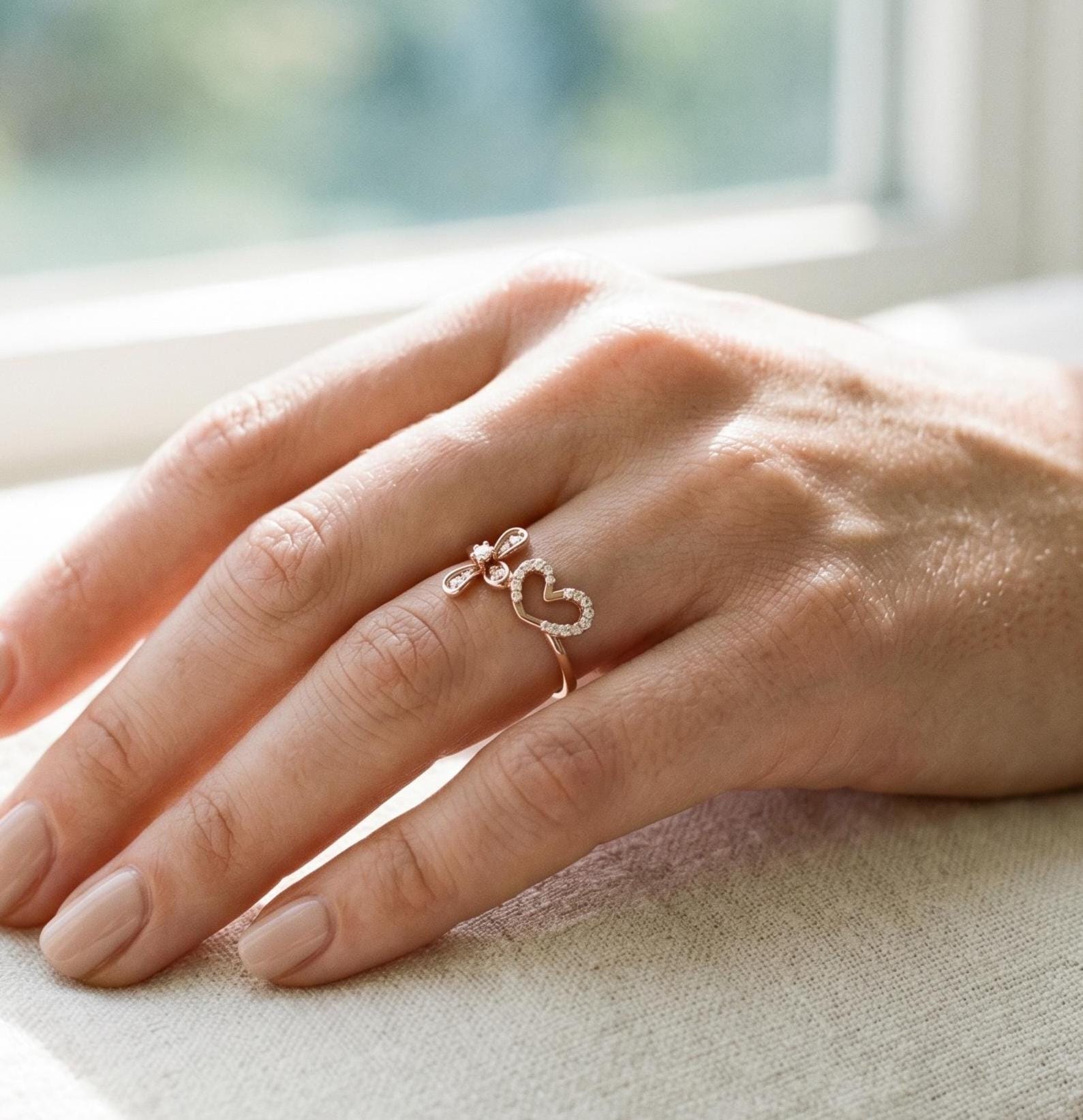 14K Solid Gold Heart Cross Moissanite Ring, Dainty Faith Filigree Jewelry