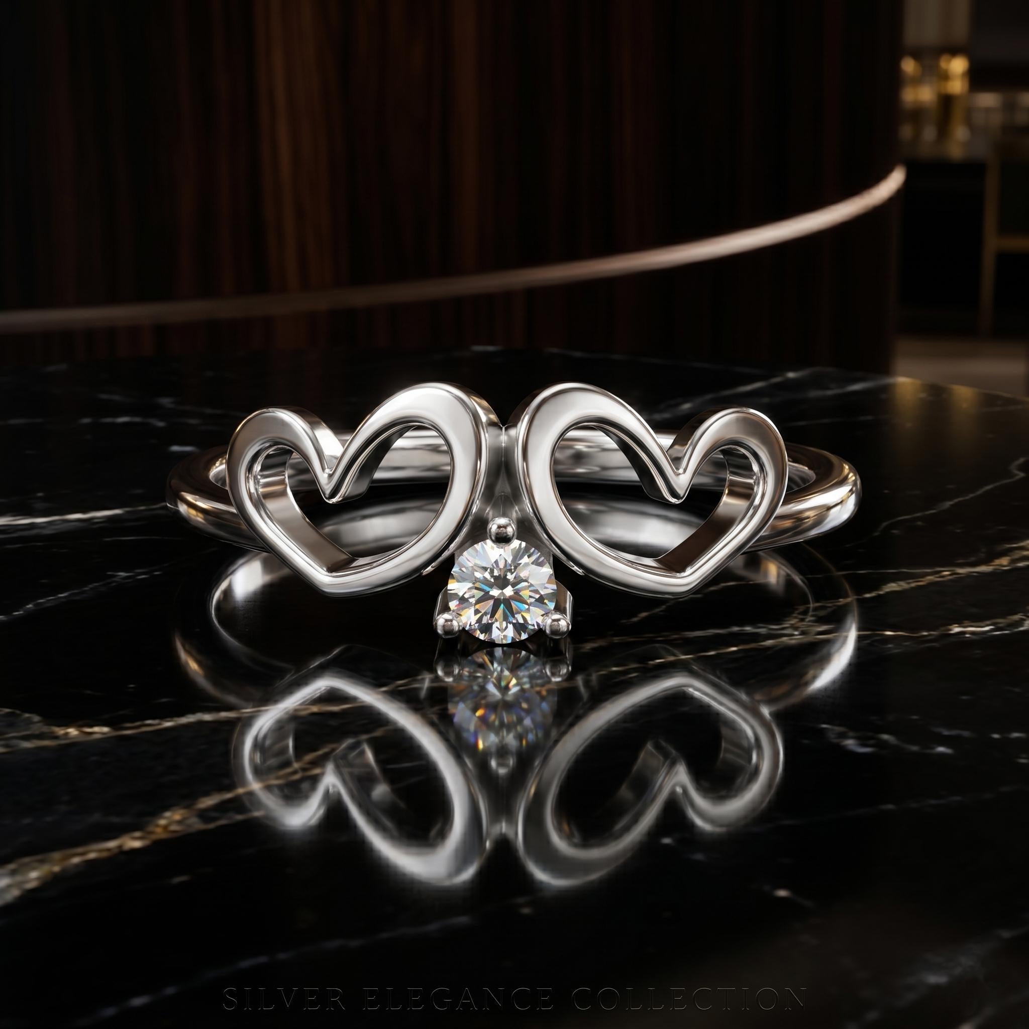Filigree Double Heart Moissanite Ring, 14k Solid Gold Promise Anniversary Gift Her