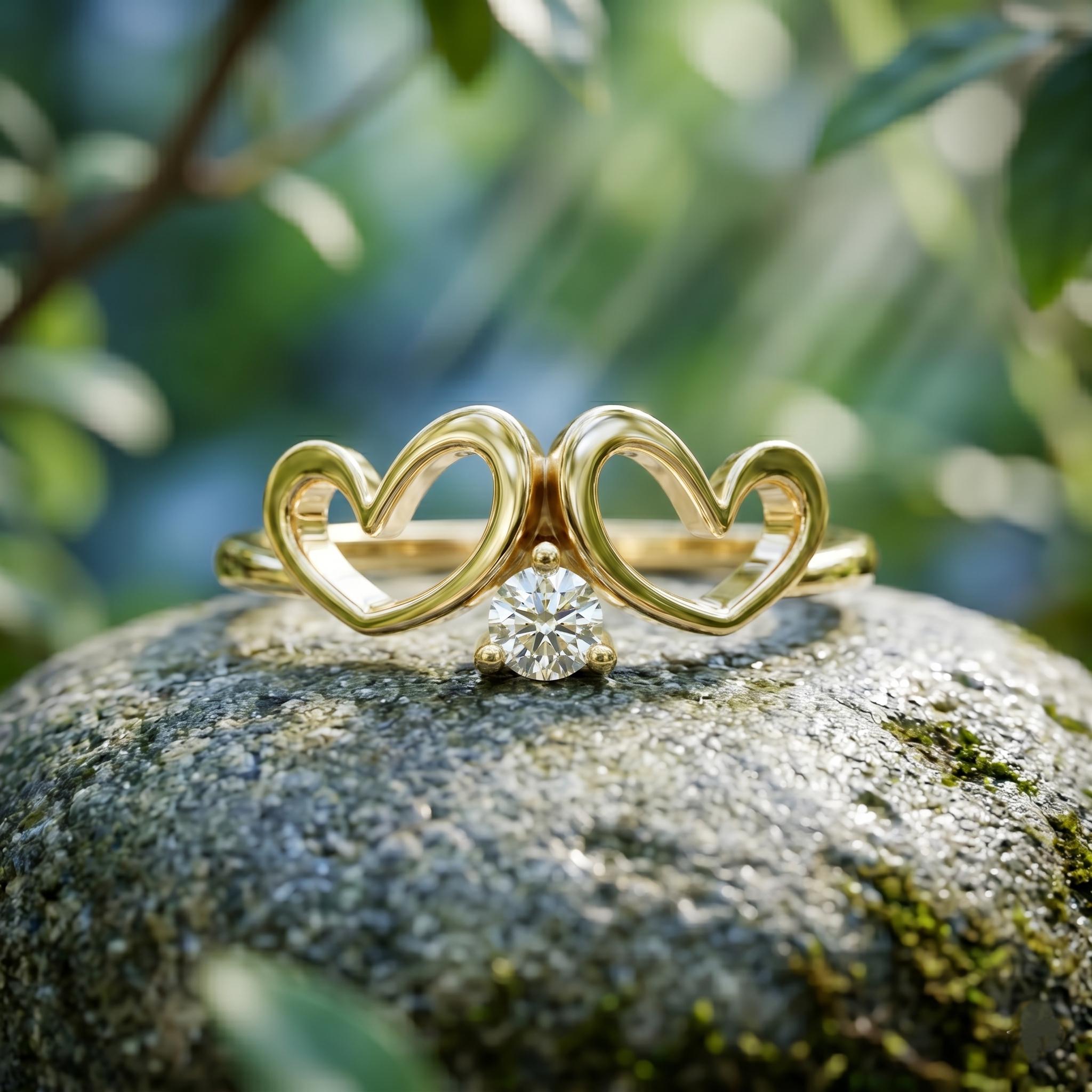 Filigree Double Heart Moissanite Ring, 14k Solid Gold Promise Anniversary Gift Her