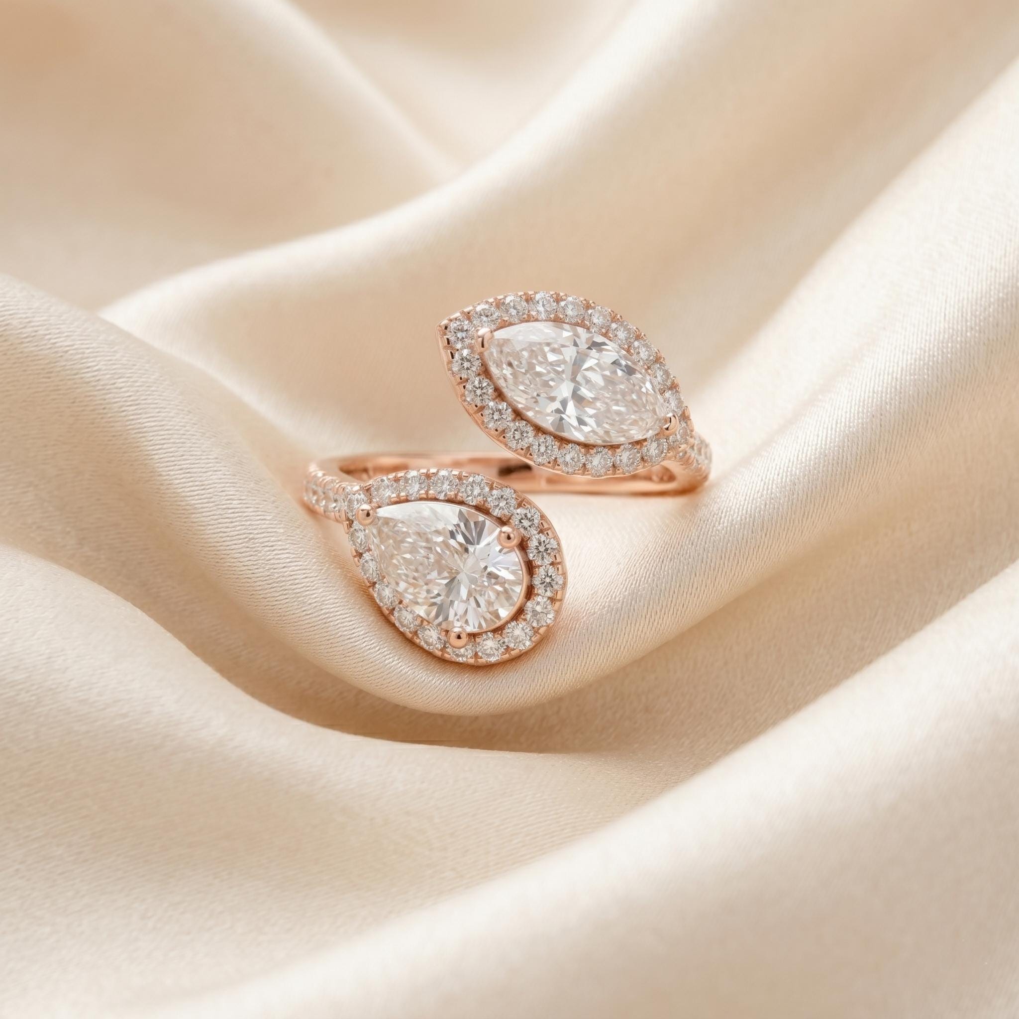 Toi et Moi Pear Marquise Moissanite Ring, Open Bypass Sterling Silver Double Halo Bridal