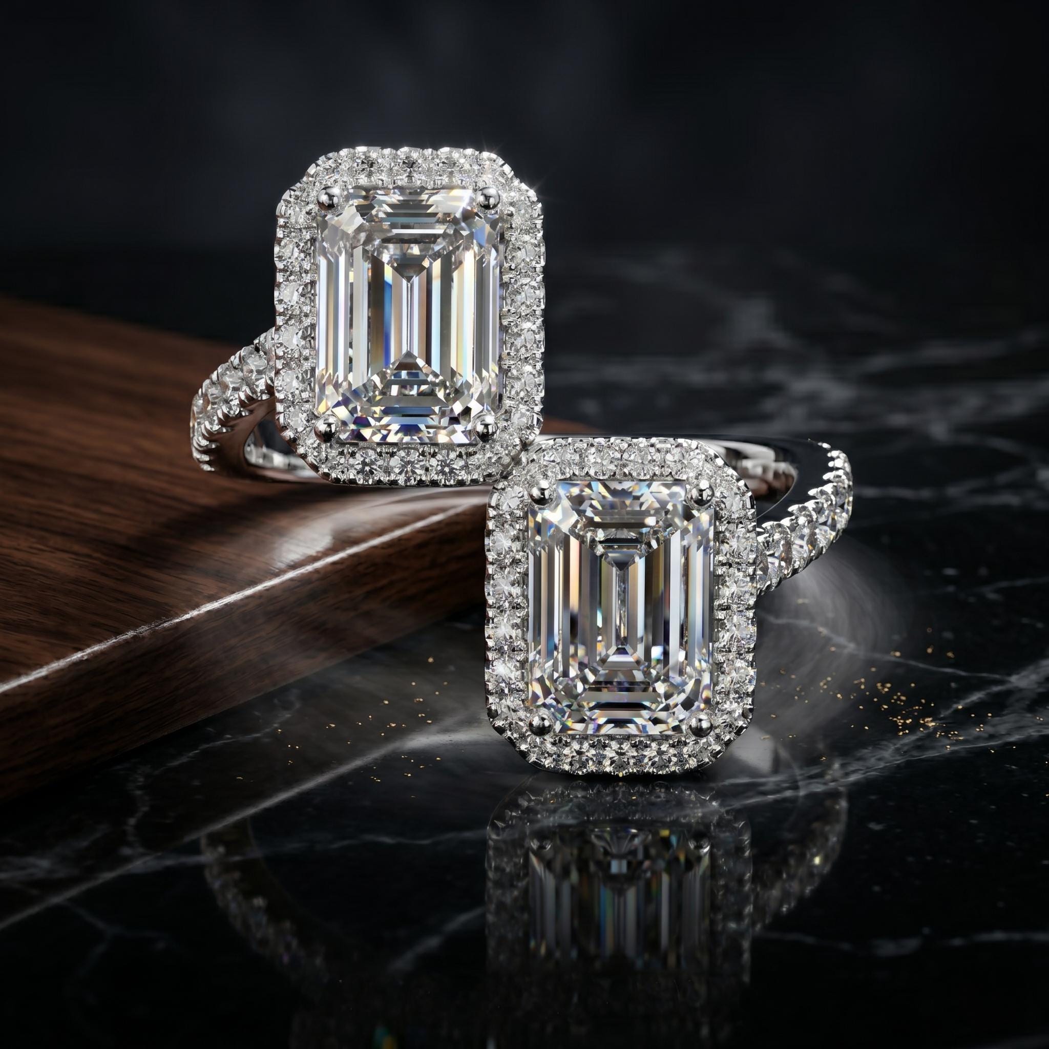 Toi et Moi Moissanite Ring, Emerald Cut Two Stone Open Bypass, Sterling Silver Engagement
