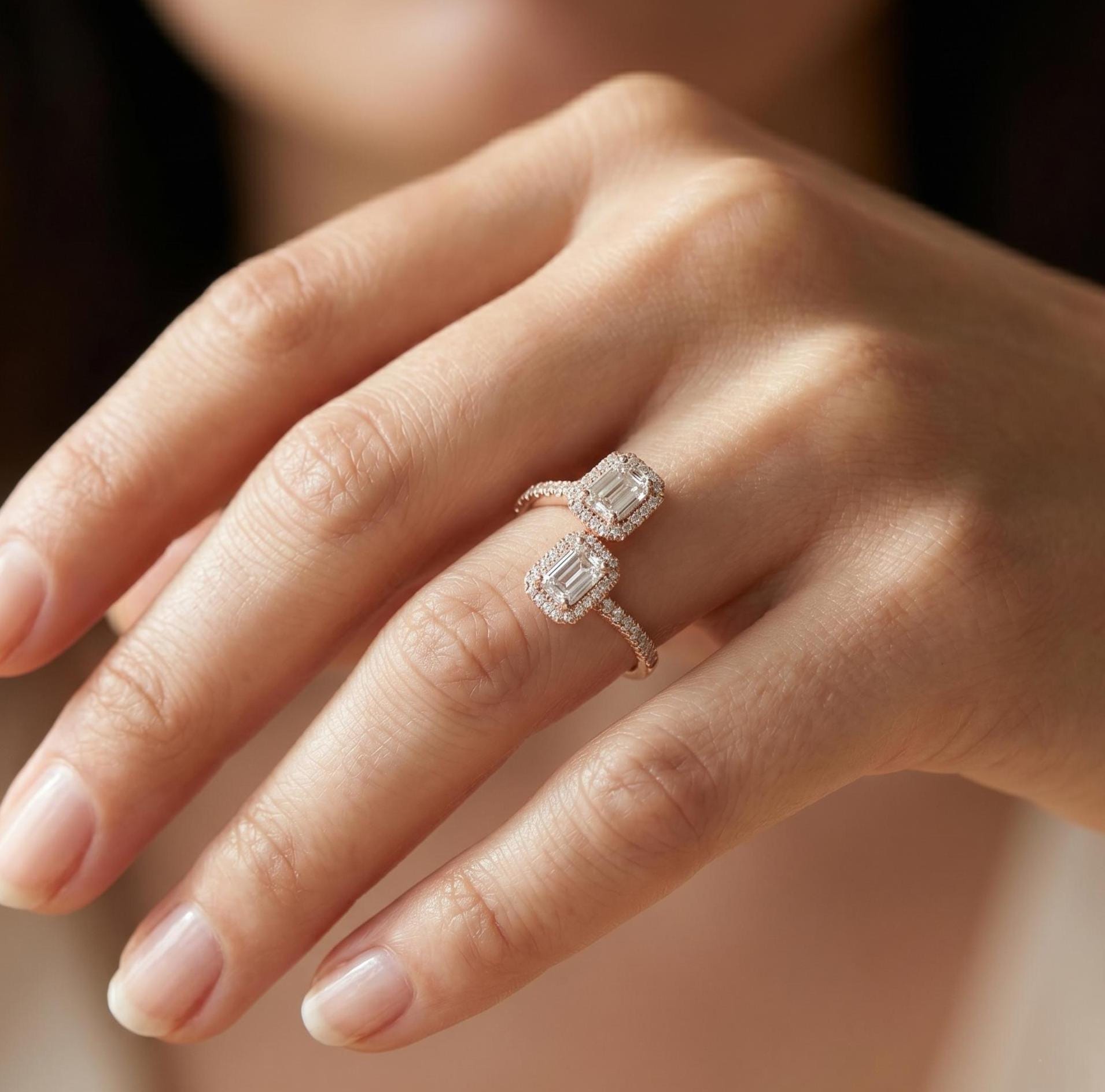 Toi et Moi Moissanite Ring, Emerald Cut Two Stone Open Bypass, Sterling Silver Engagement