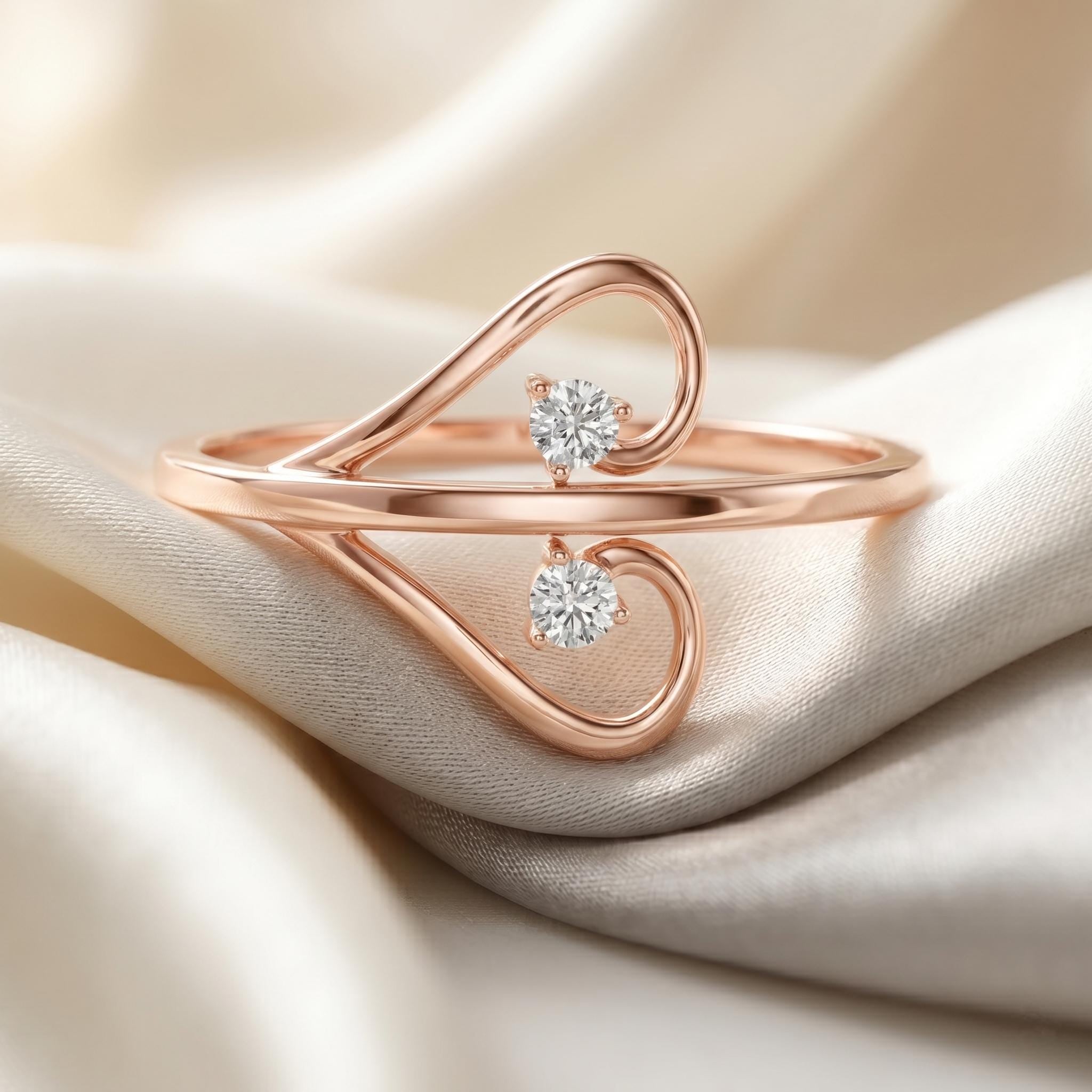 Open Heart Bypass Moissanite Ring, 14K Solid Gold, Minimalist Two Stone Promise Ring