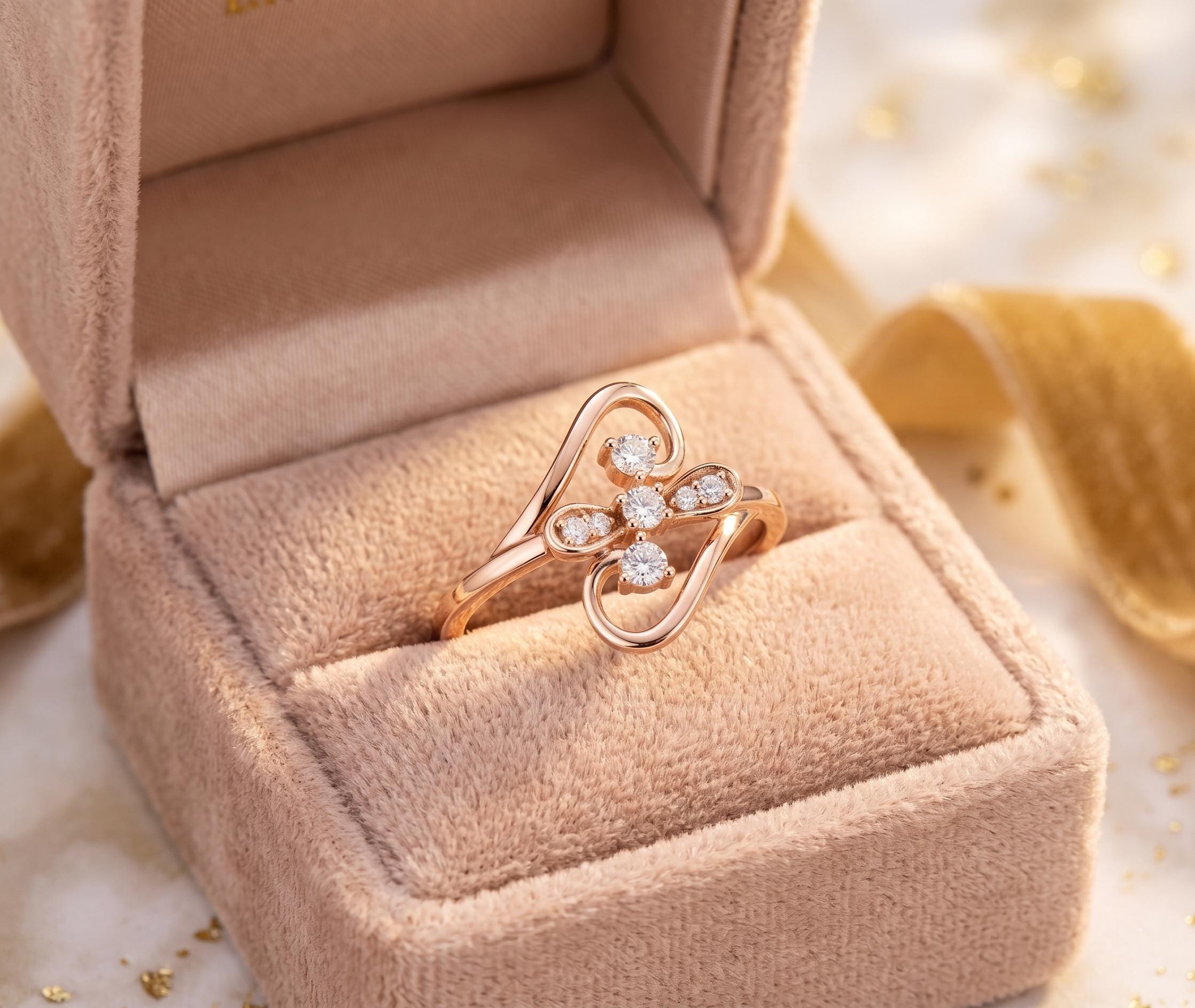 Delicate Floral Moissanite Ring, 14K Solid Gold Infinity Swirl Engagement Anniversary Nature Inspired Ring