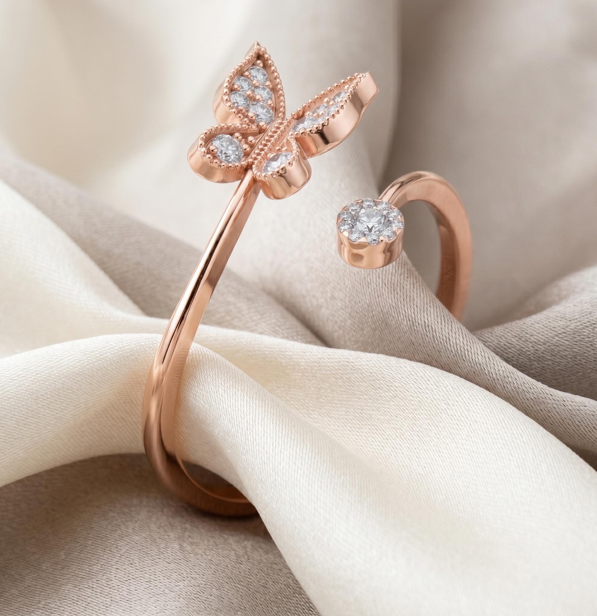 14K Solid Gold Butterfly Ring, Moissanite Open Wrap, Nature Inspired Milgrain Detail