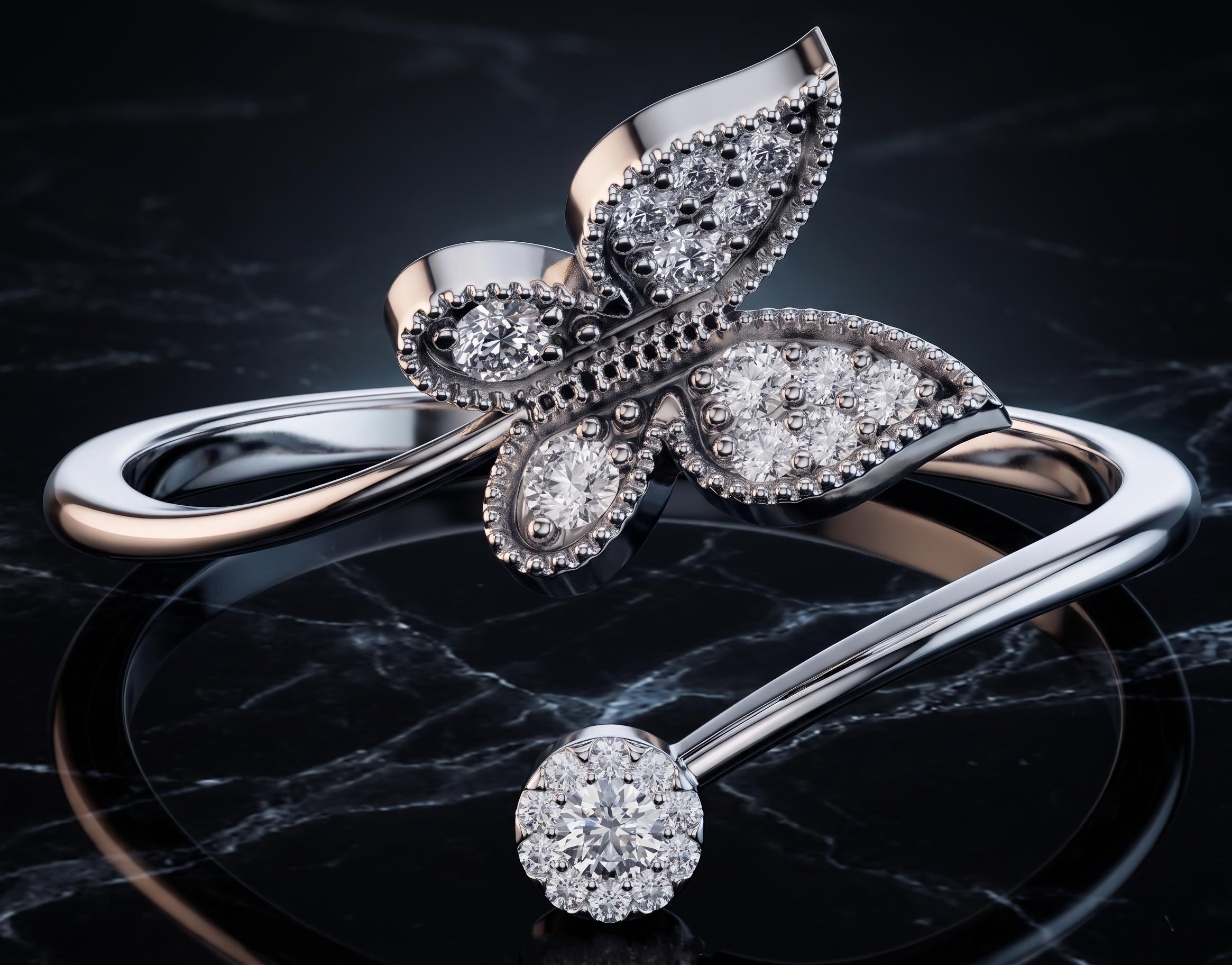 14K Solid Gold Butterfly Ring, Moissanite Open Wrap, Nature Inspired Milgrain Detail