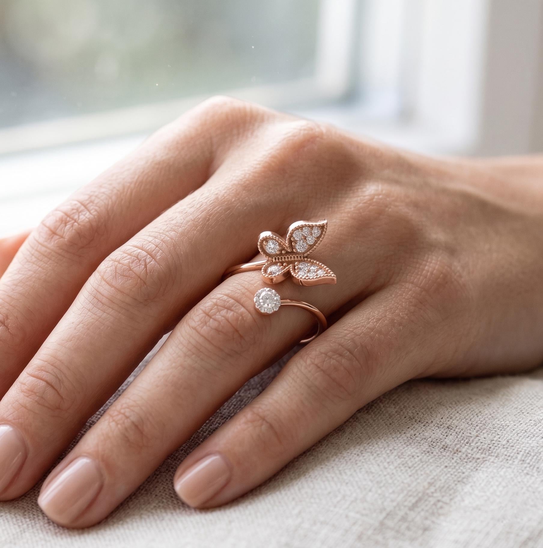 14K Solid Gold Butterfly Ring, Moissanite Open Wrap, Nature Inspired Milgrain Detail