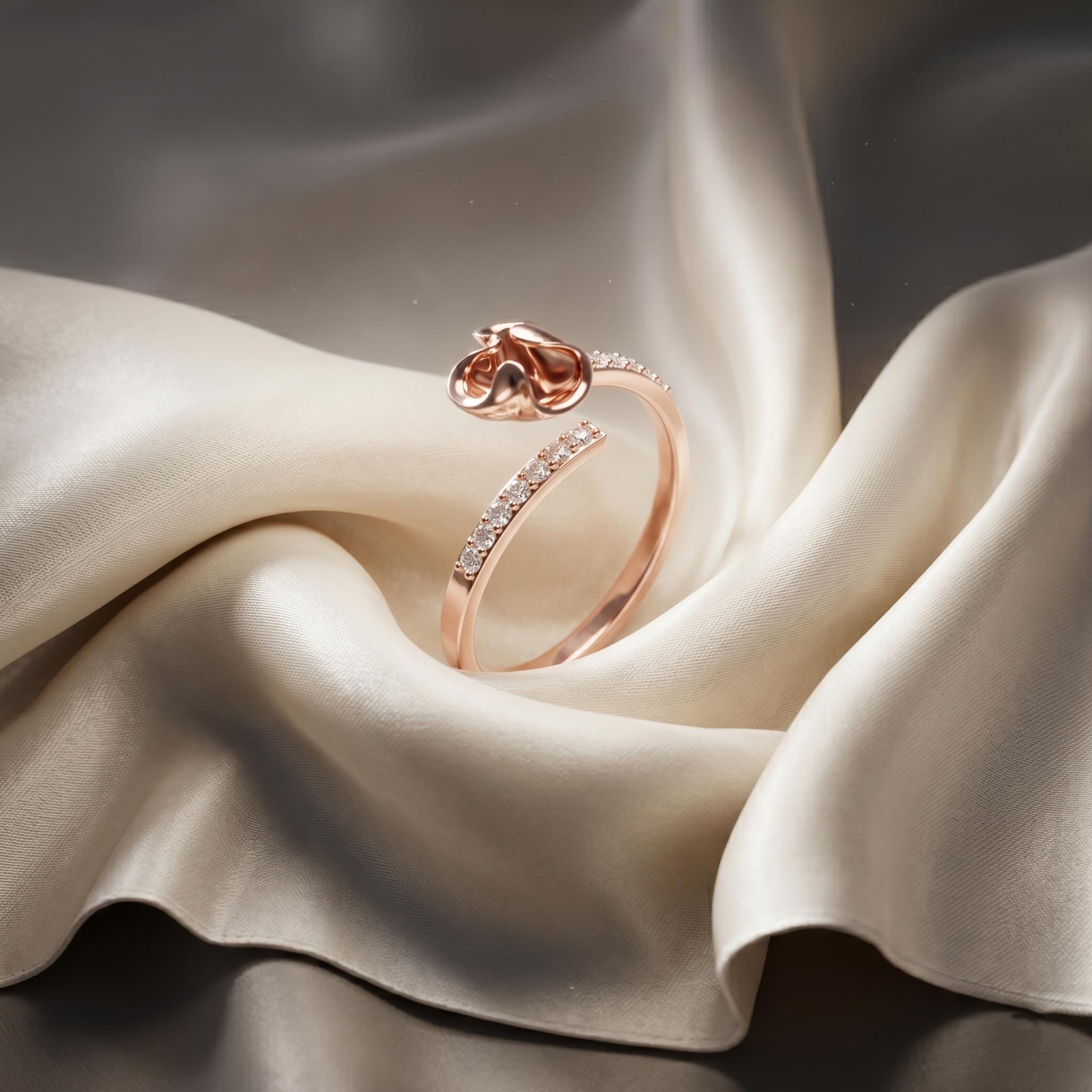 14K Solid Gold Moissanite Bypass Ring, Fluid Flower Organic Leaf Design