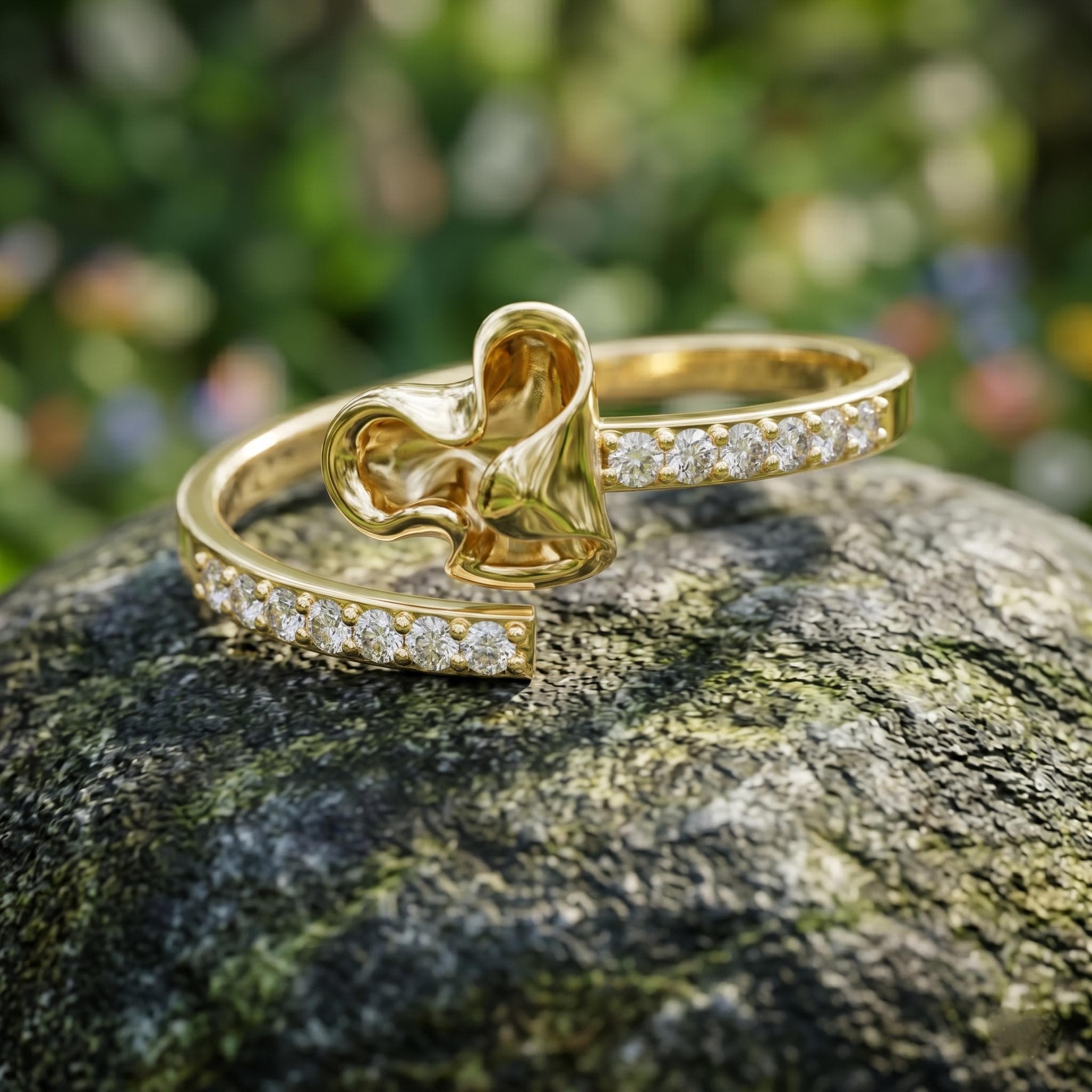 14K Solid Gold Moissanite Bypass Ring, Fluid Flower Organic Leaf Design