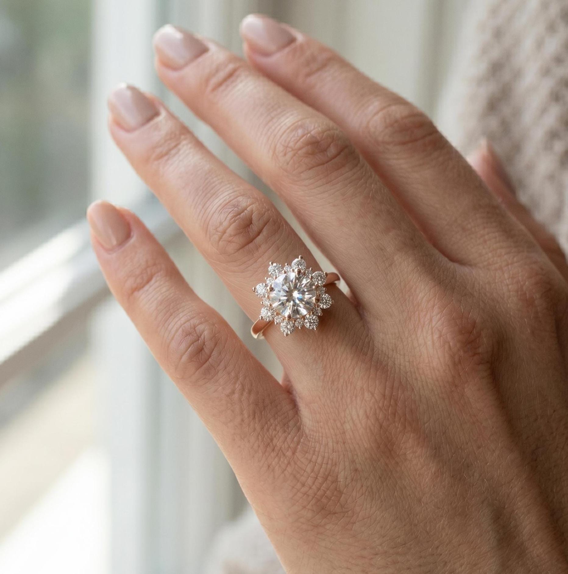 Round Cut Moissanite Snowflake Engagement Ring, Rose Gold Plated Sterling Silver Wedding Jewelry