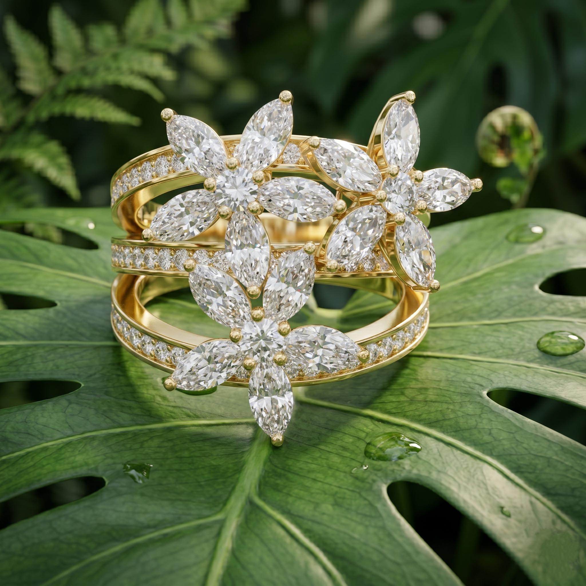 Marquise Moissanite Floral Cluster Ring, Sterling Silver Vermeil Statement Band, Multi Layer Flower Ring