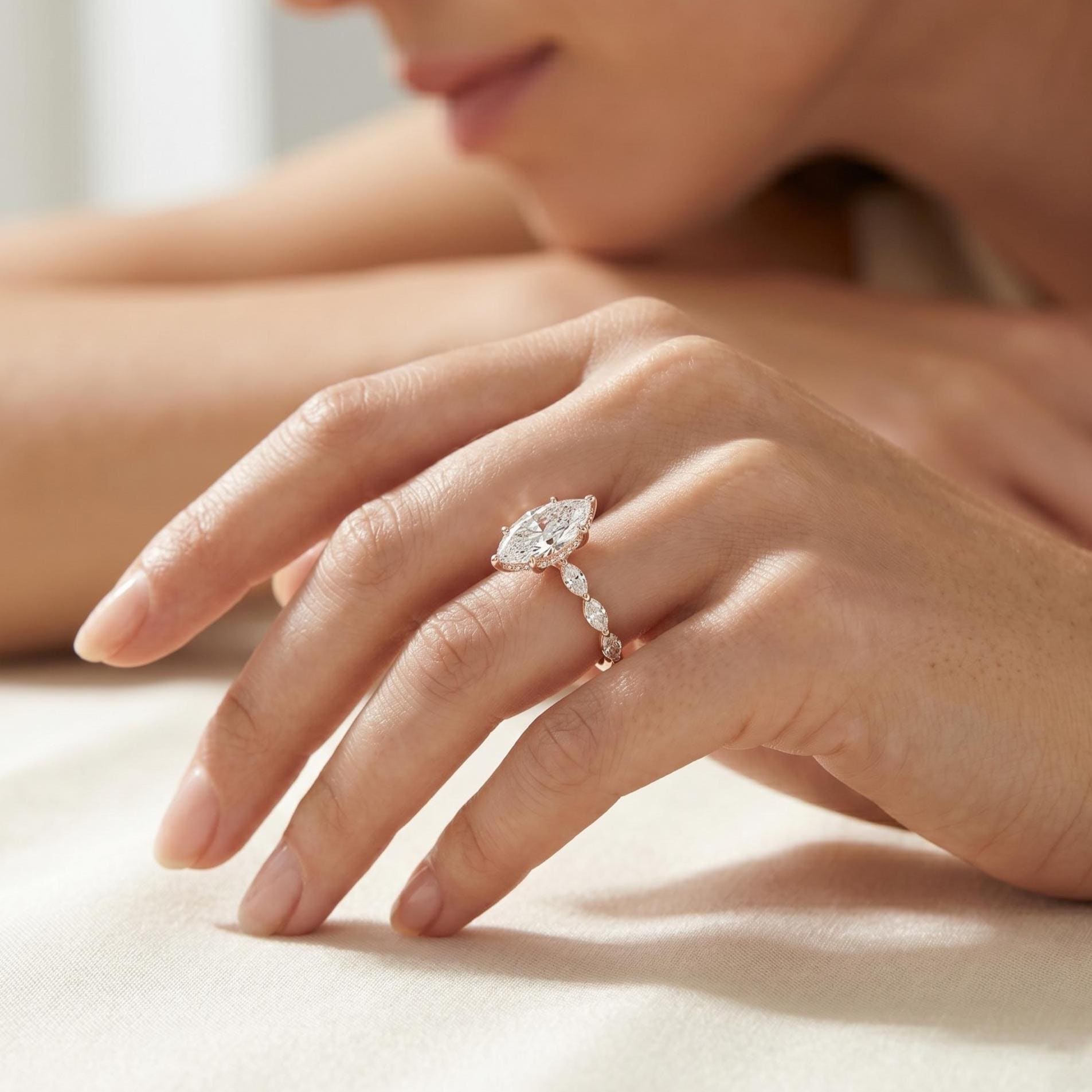 Marquise Cut Moissanite Engagement Ring, Rose Gold Sterling Silver Wedding Ring, Vintage Promise Gift