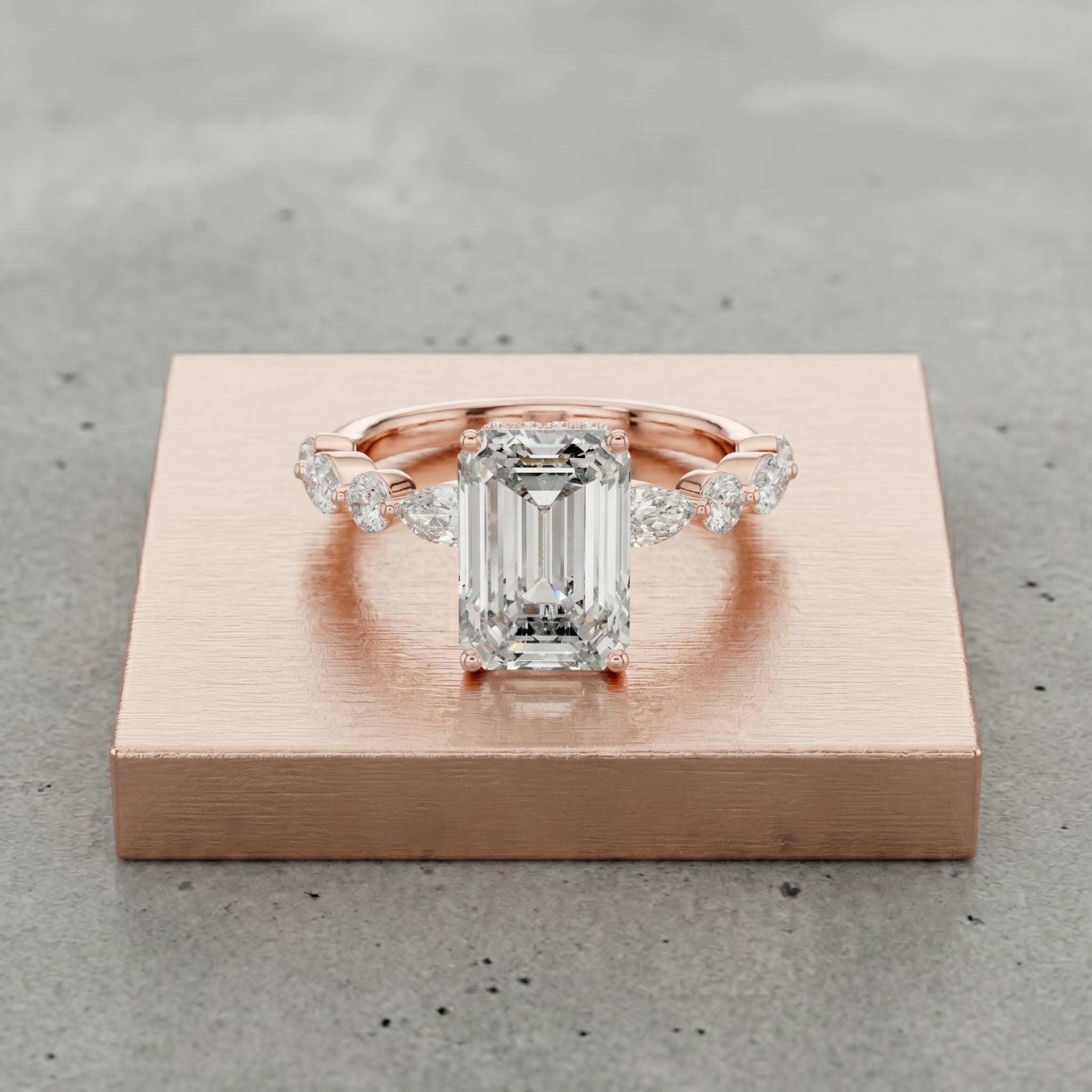 Rose Gold Emerald Cut Moissanite Ring, 925 Sterling Silver Engagement Ring
