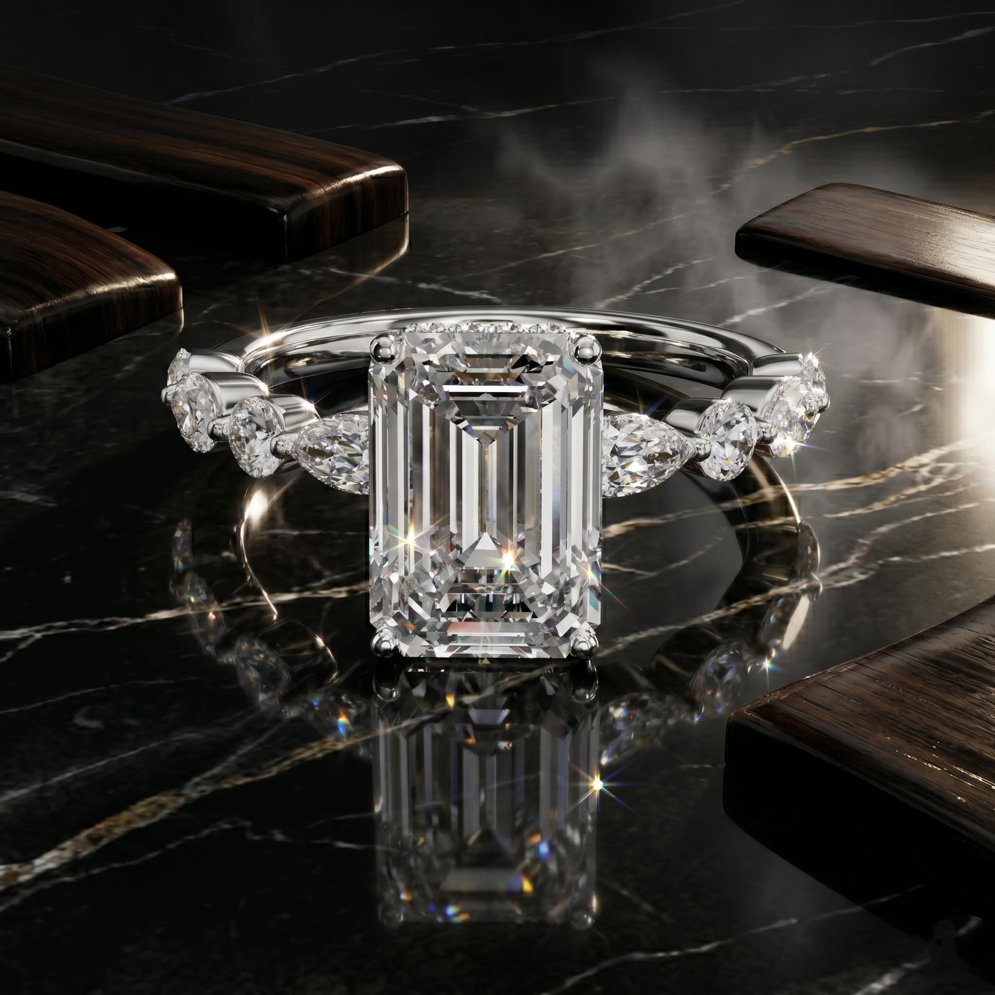 Rose Gold Emerald Cut Moissanite Ring, 925 Sterling Silver Engagement Ring