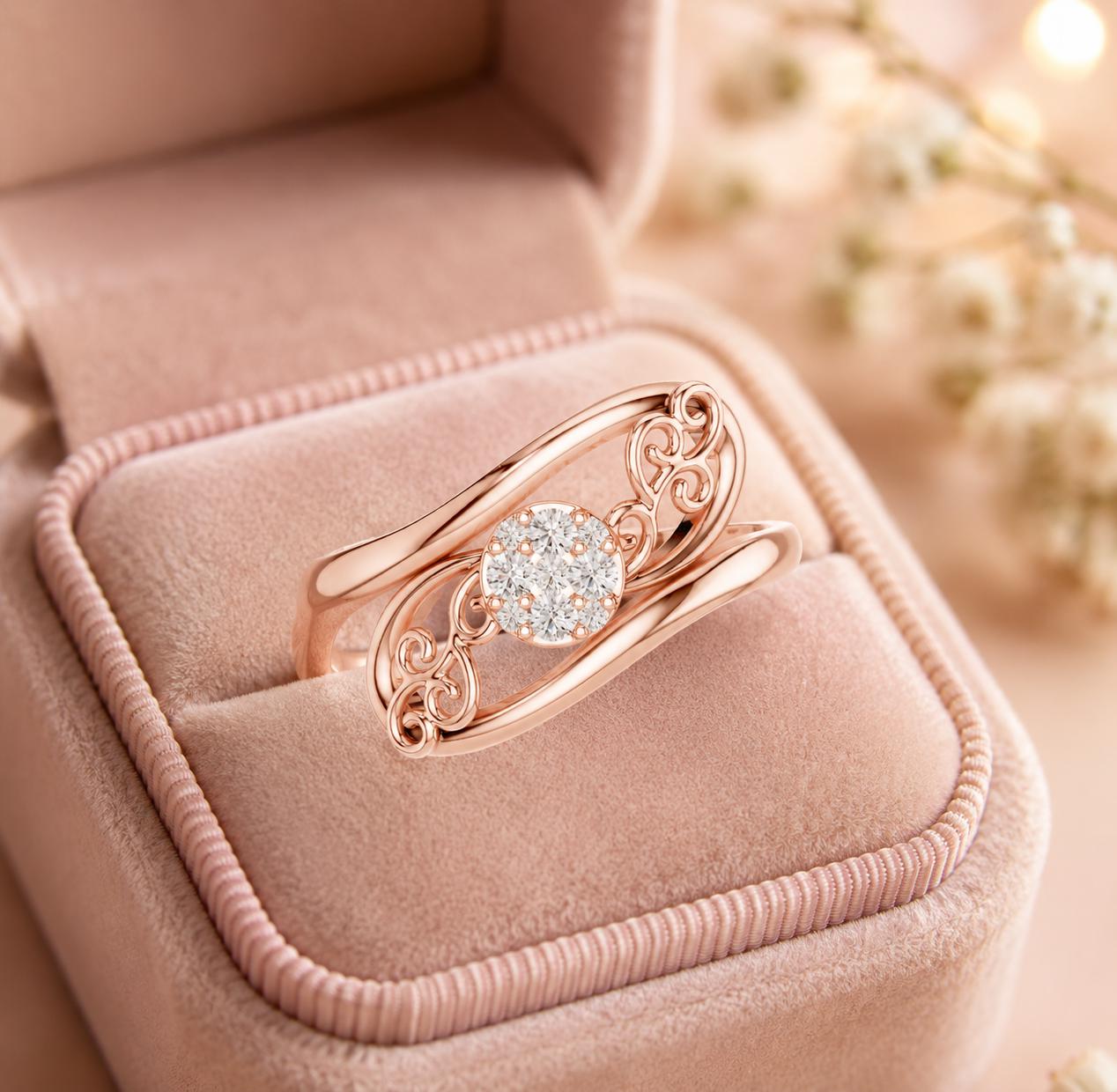 14K Solid Gold Moissanite Filigree Swirl Cluster Ring, Nature Inspired Jewelry